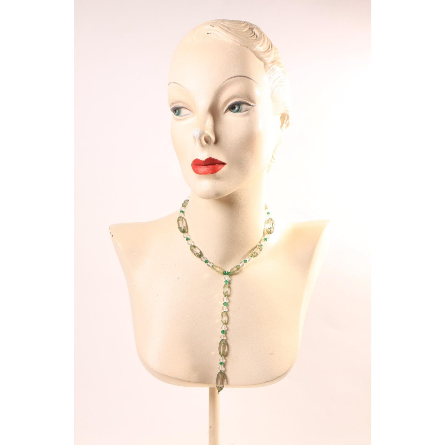 1930s Clear Glass and Green Floral Etched Art Deco Drop Chain Necklace