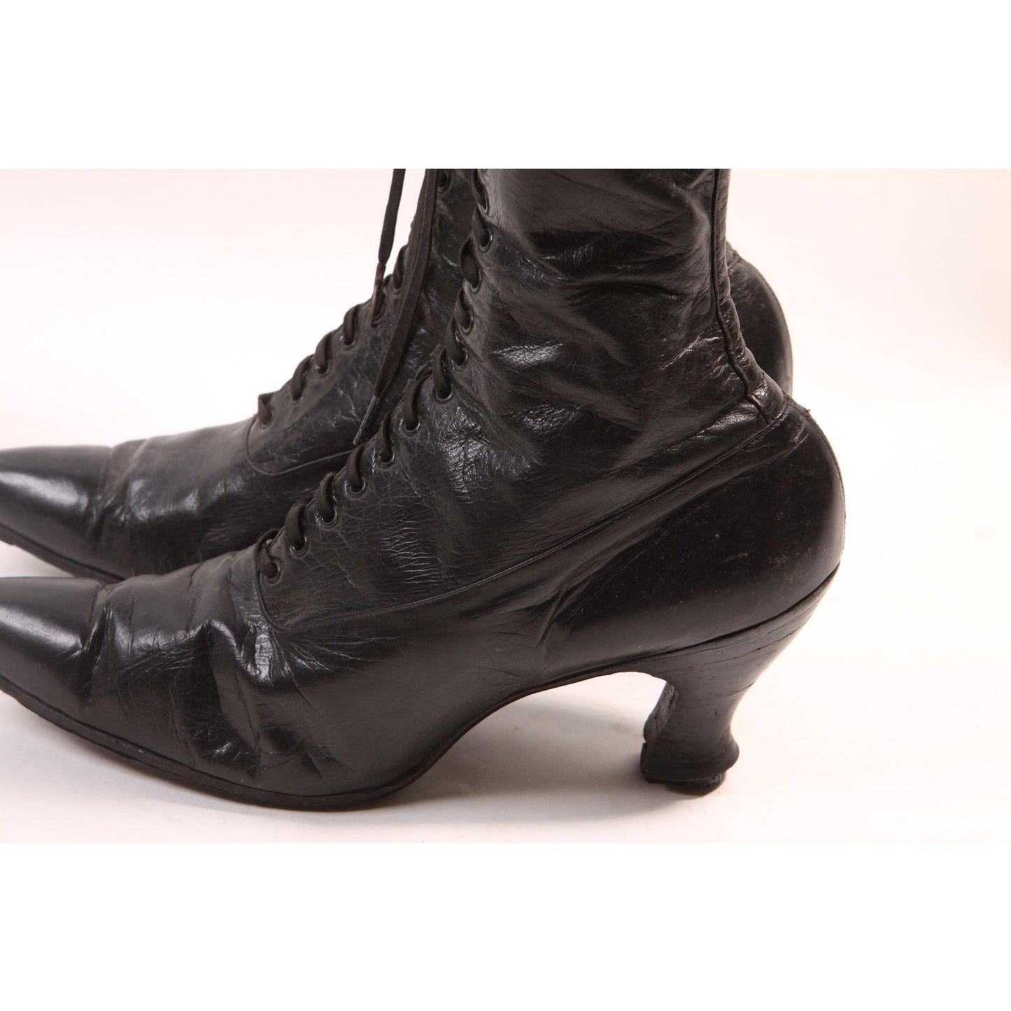 Antique 1800s Victorian Black Leather Lace Up High Heel Boots
