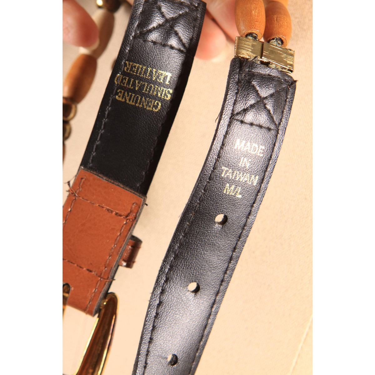1980s Brown, Tan and Cream Faux Leather Wood Beaded Chain Belt