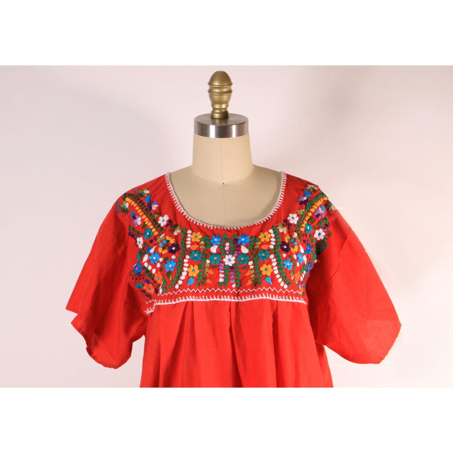 1970s Red Short Sleeve Multi-Colored Floral Embroidery Pueblan Mexican Blouse -1XL