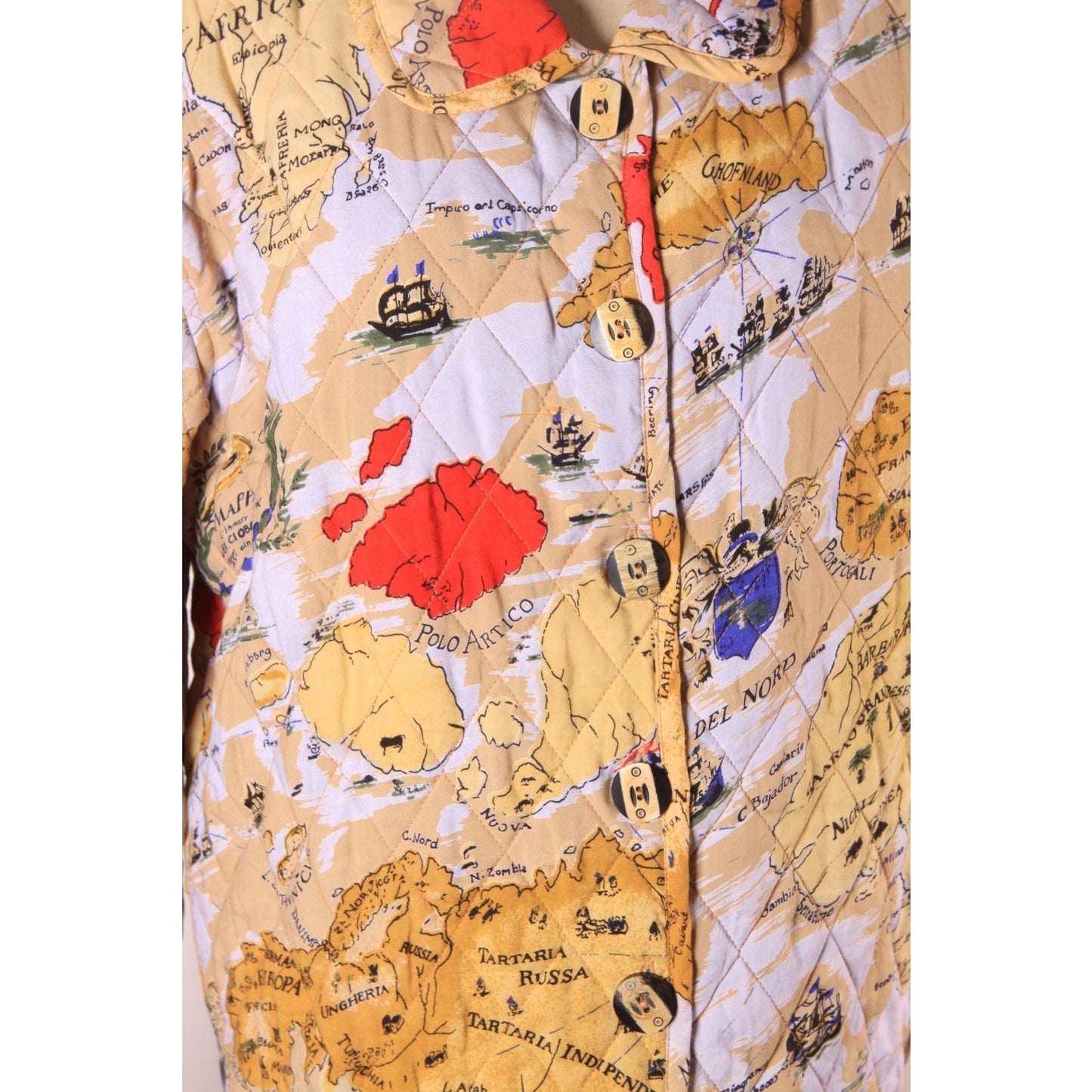 1980s 1990s Multi-Colored Novelty World Map Long Sleeve Quilted Jacket by Alex Kim by Allure -M