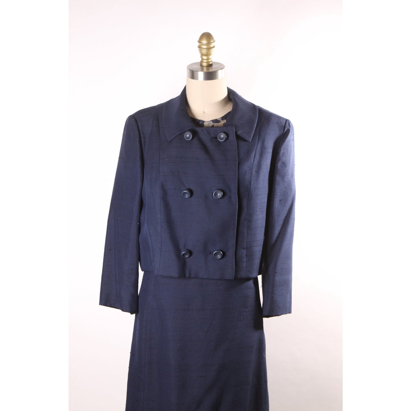 1960s Navy Blue Short Sleeve Sheer Lace Overlay Shift Dress with Matching Long Sleeve Jacket Two Piece Outfit Dress Suit -M-L