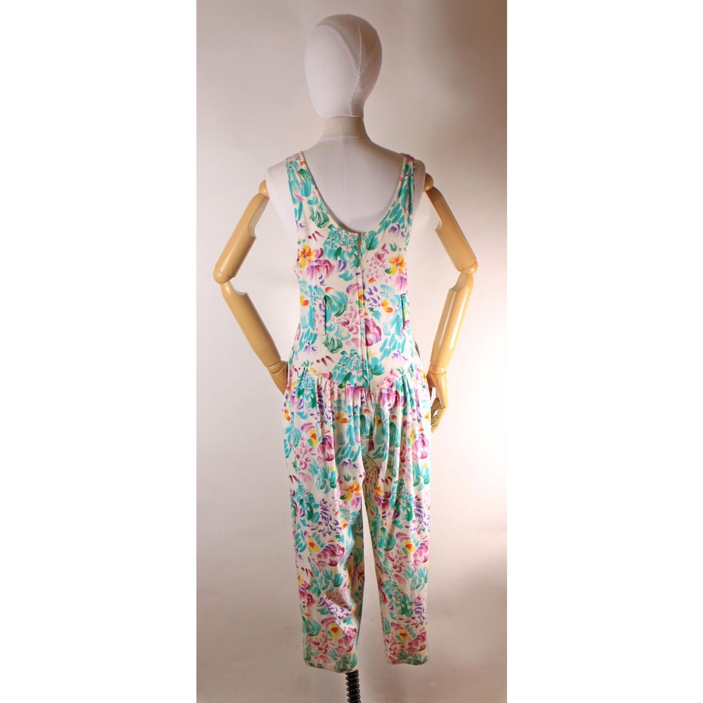 1980s White and Multi-Colored Floral Wide Strap Drop Waist One Piece Jumpsuit -L-XL