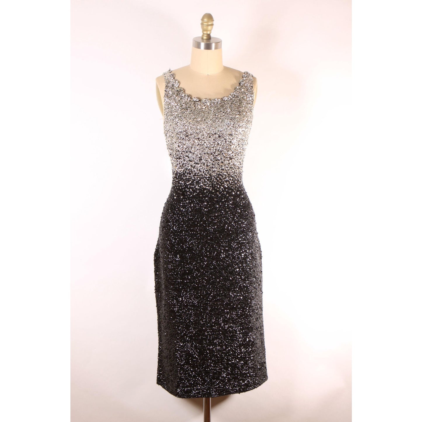 1950s Black and Silver Ombre Fade Metallic Sequin Bombshell Wiggle Dress with Matching Cropped Bolero Jacket by Gene Shelly -M