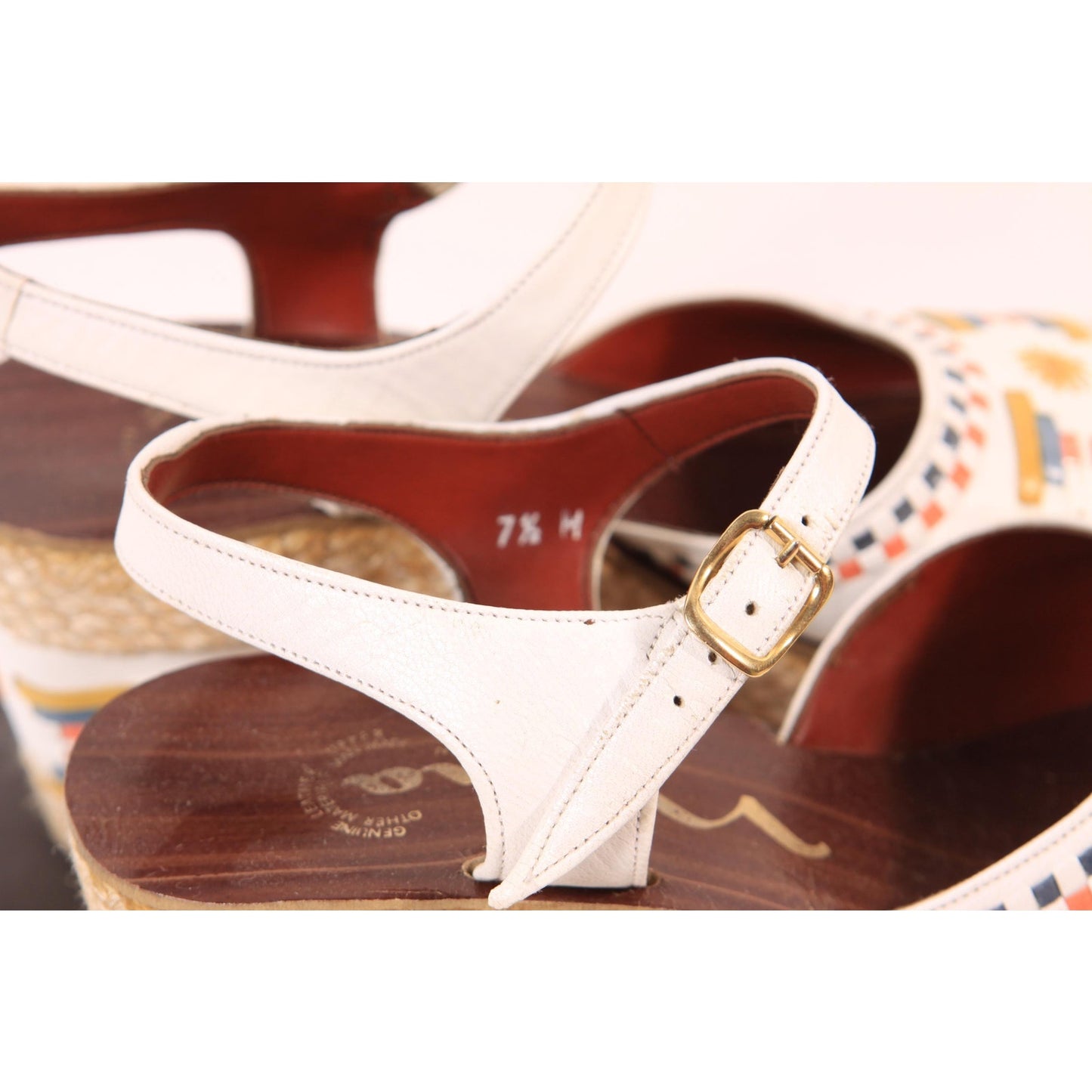 1970s White, Blue, Tan and Yellow Boho Platform High Heel Sandals Shoes by Nina-Size 7 1/2M