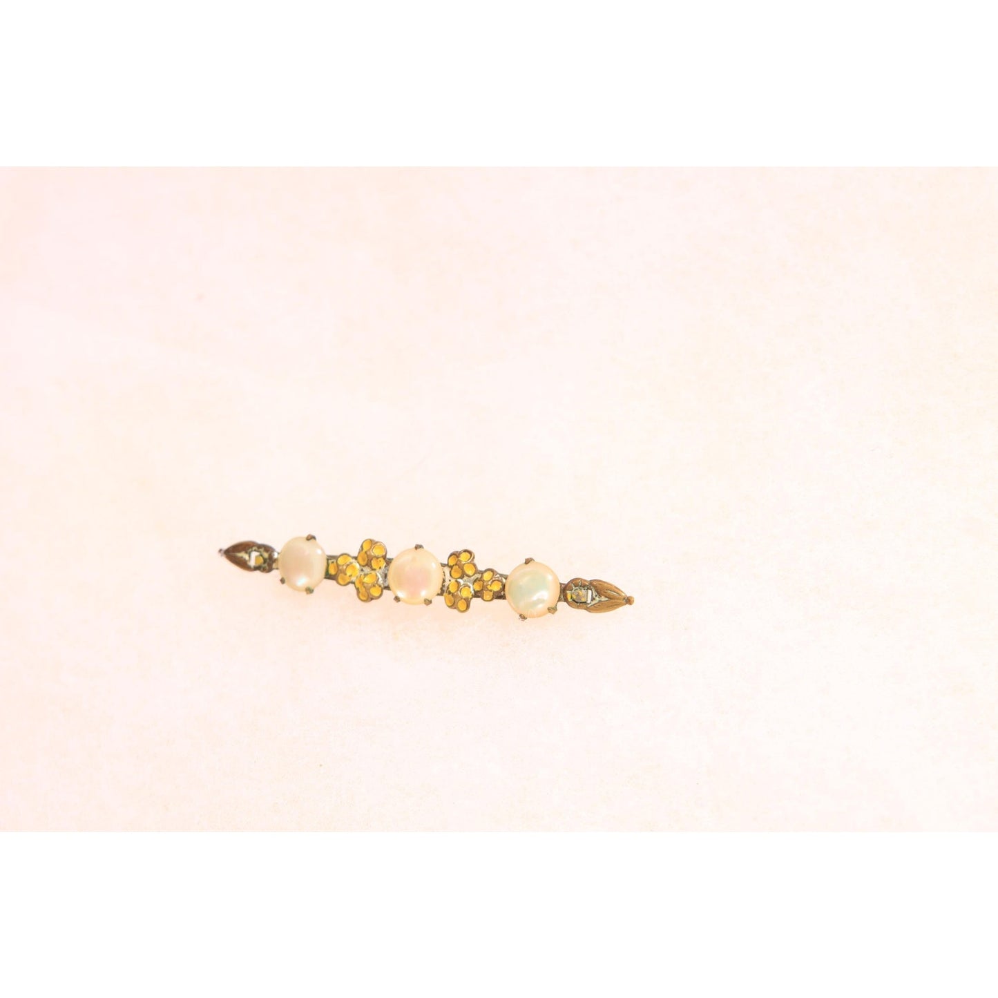 Antique 1910s 1920s Edwardian Yellow and Mother of Pearl Floral Bar Brooch
