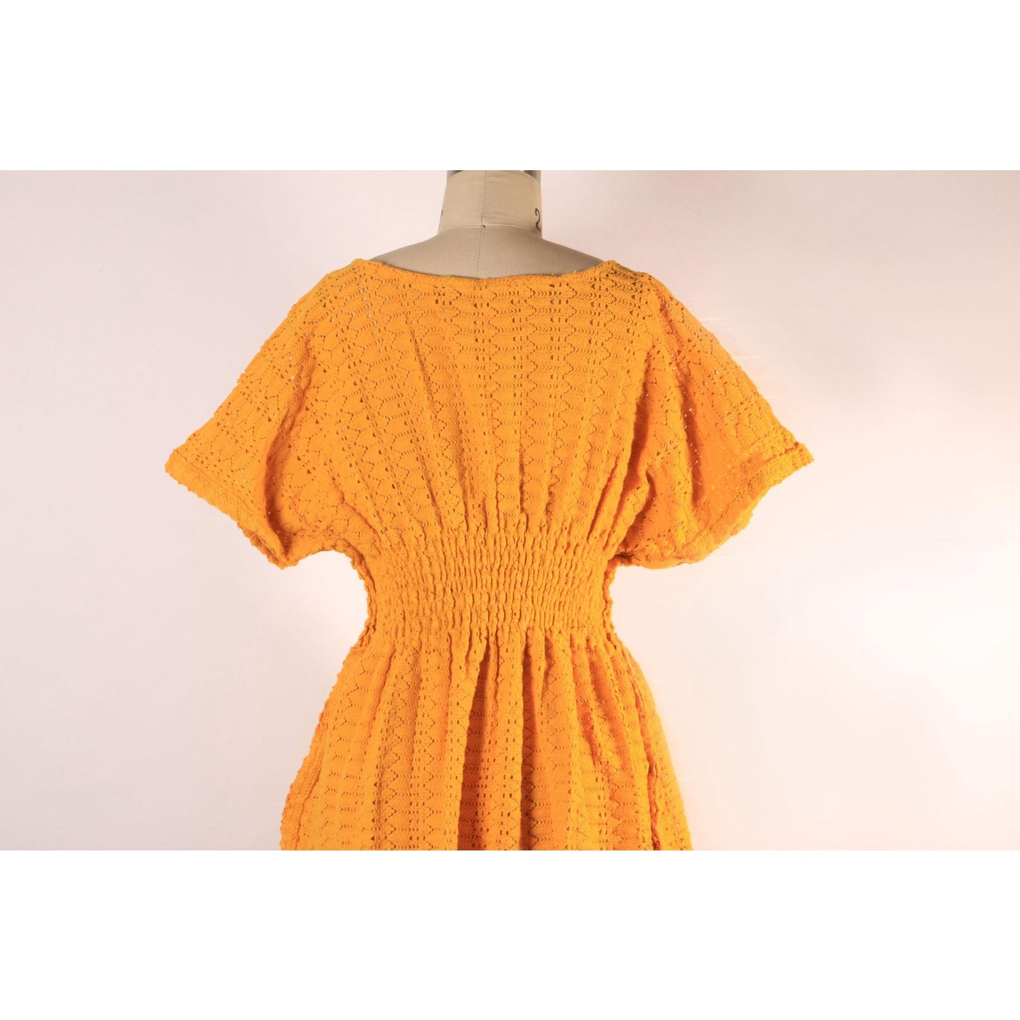 1970s Golden Harvest Yellow Smocked Short Sleeve Knit Blouse -L