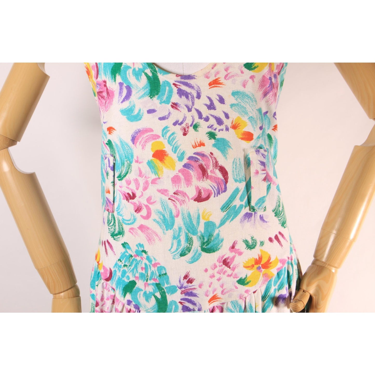 1980s White and Multi-Colored Floral Wide Strap Drop Waist One Piece Jumpsuit -L-XL