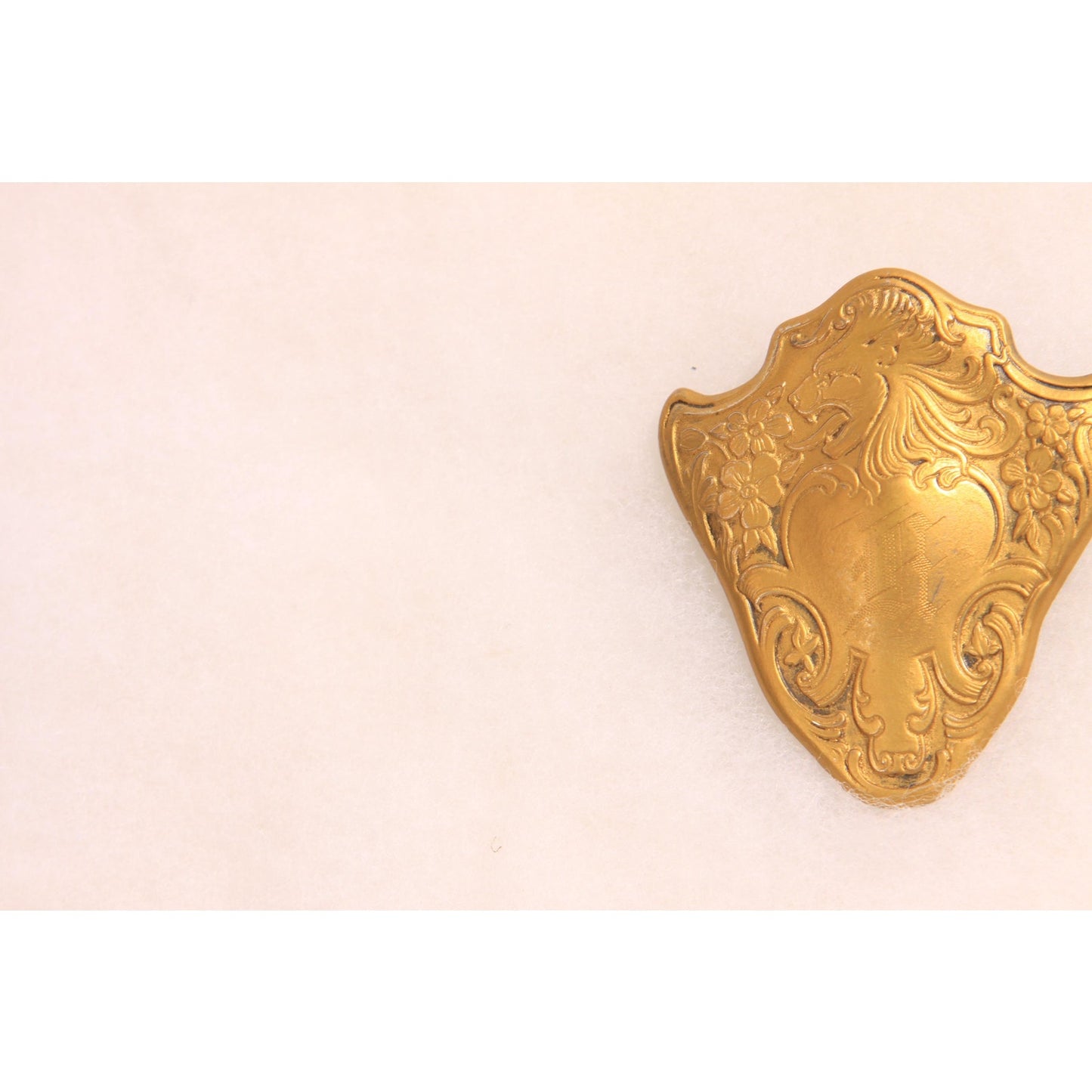 Antique 1800s Victorian Gold Tone Metal Lion Shield Initial Brooch