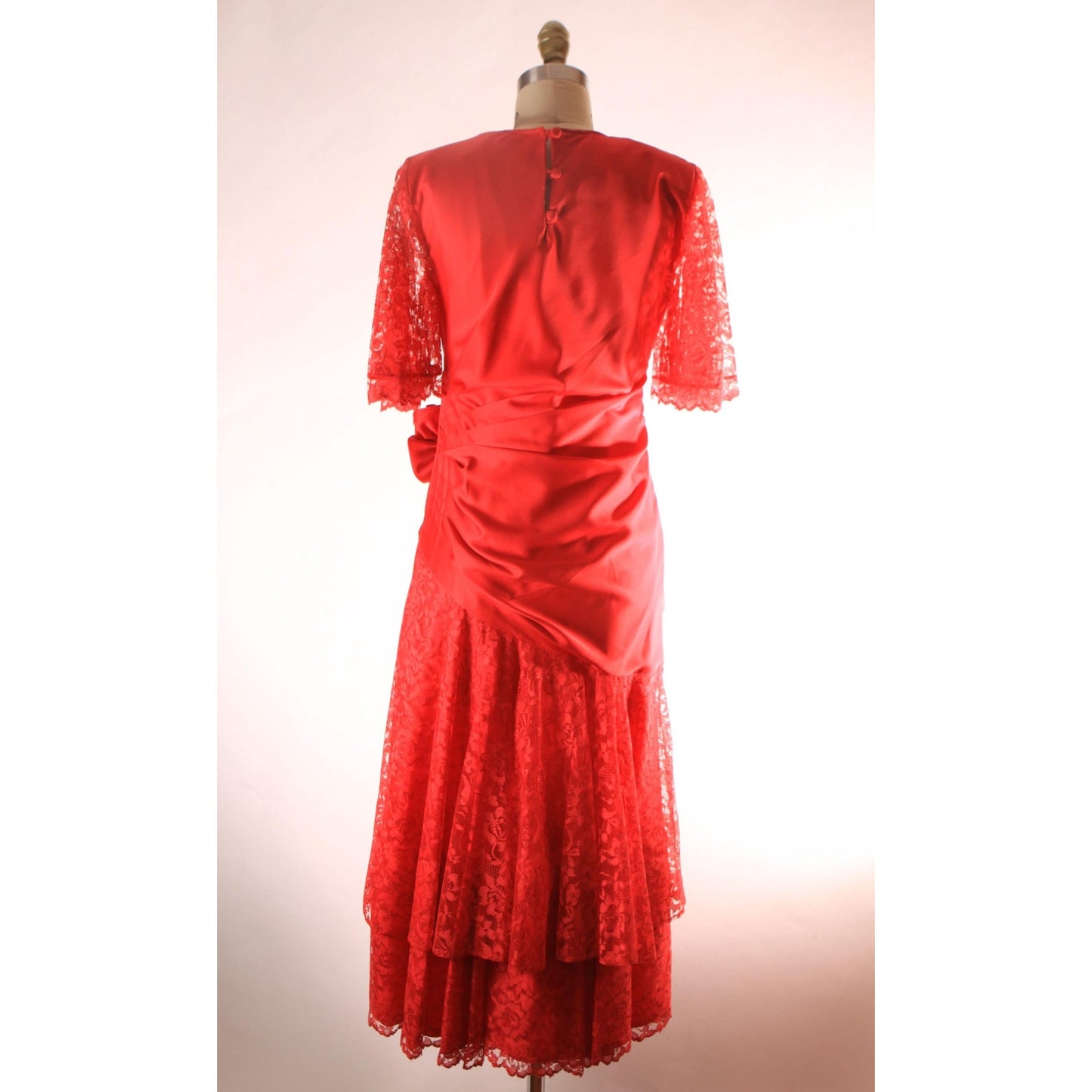 1980s Sheer Red Lace Half Sleeve Draped Drop Waist Rose Detail Lydia Deetz Formal Prom Dress -S
