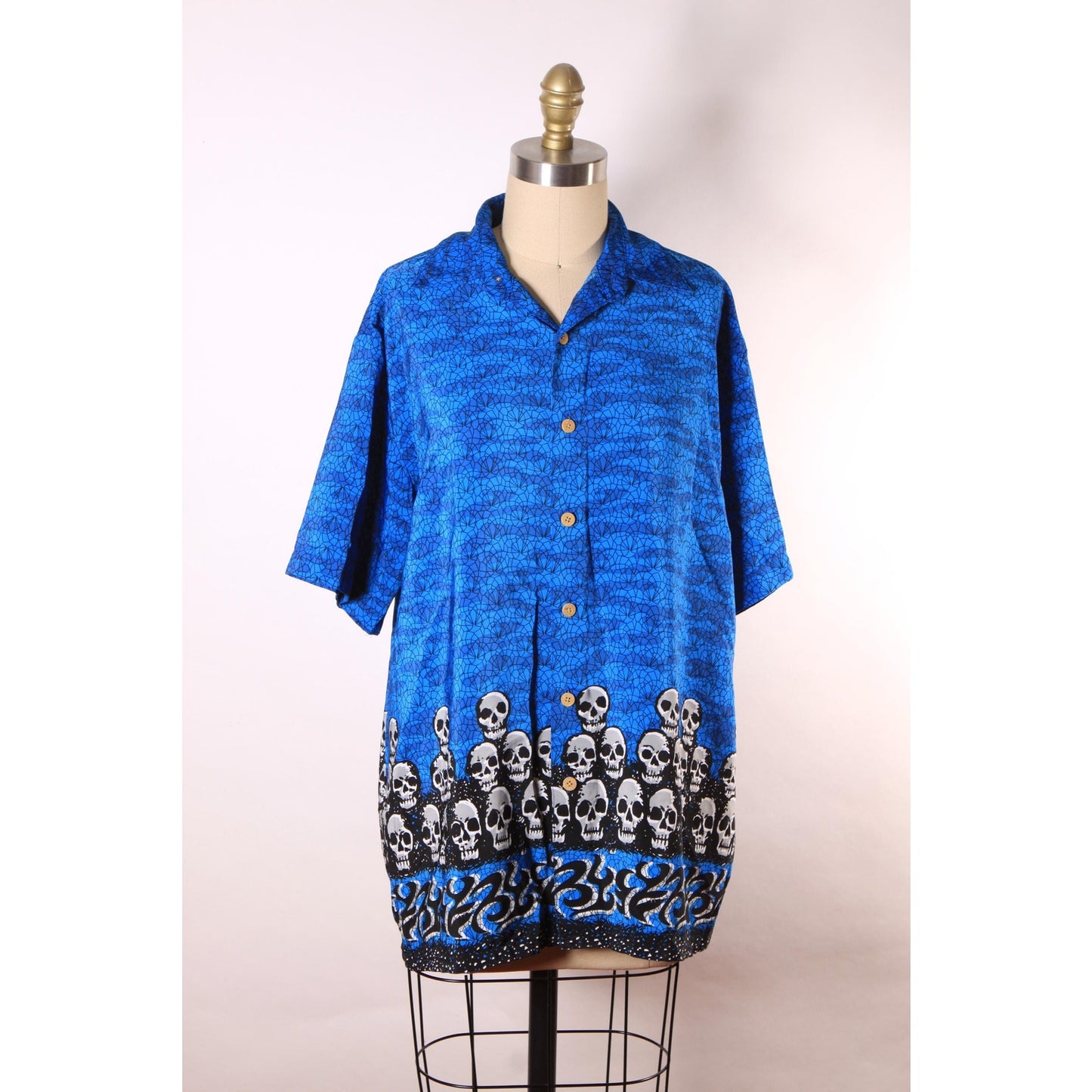 1990s Y2K Novelty Blue, Black and White Skull Border Print Button Down Mens Shirt by Extreme Gear -S
