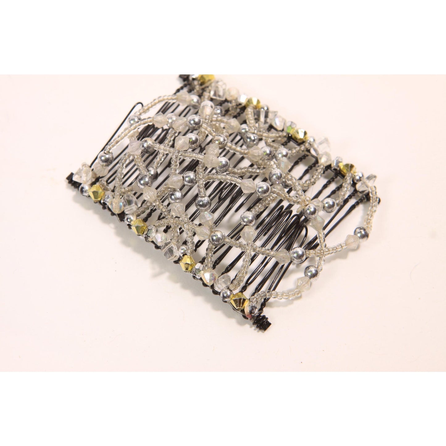 1990s 2000s Y2K Black, Silver and Gold Beaded EZ Stretch Hair Comb