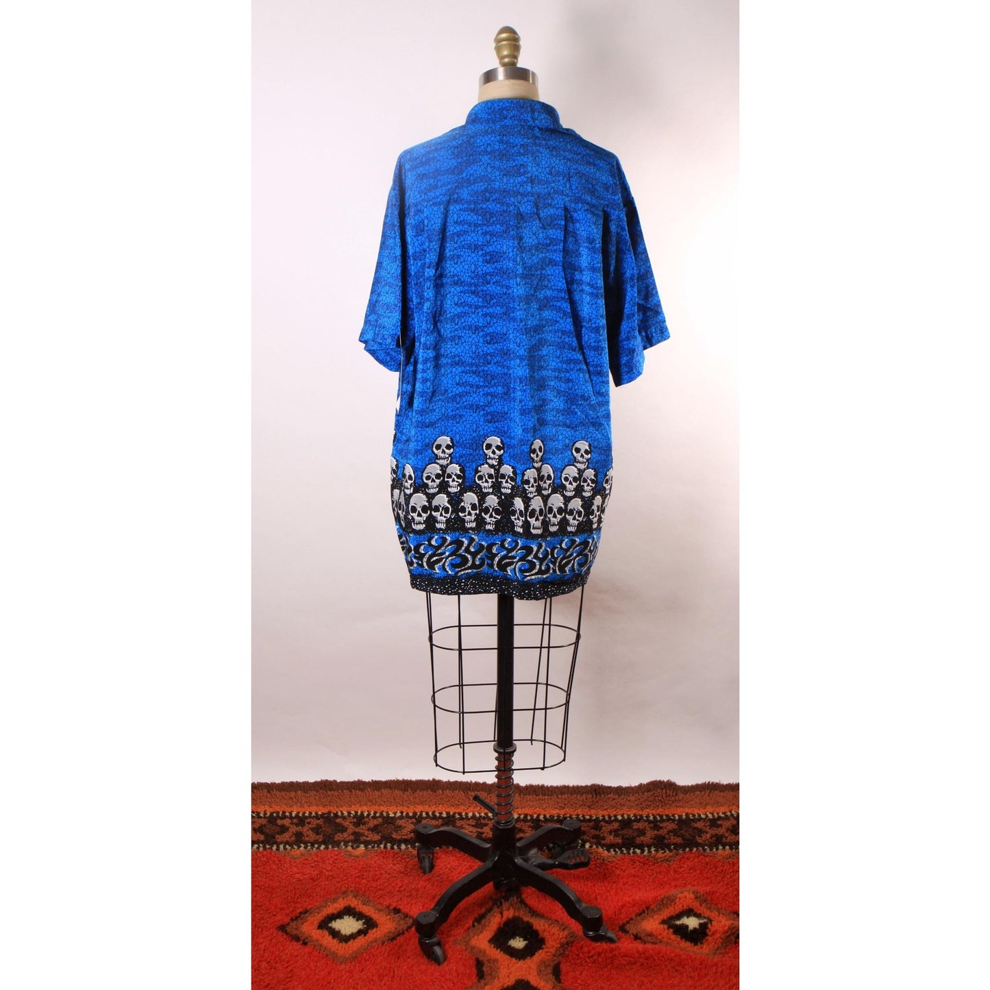 1990s Y2K Novelty Blue, Black and White Skull Border Print Button Down Mens Shirt by Extreme Gear -S