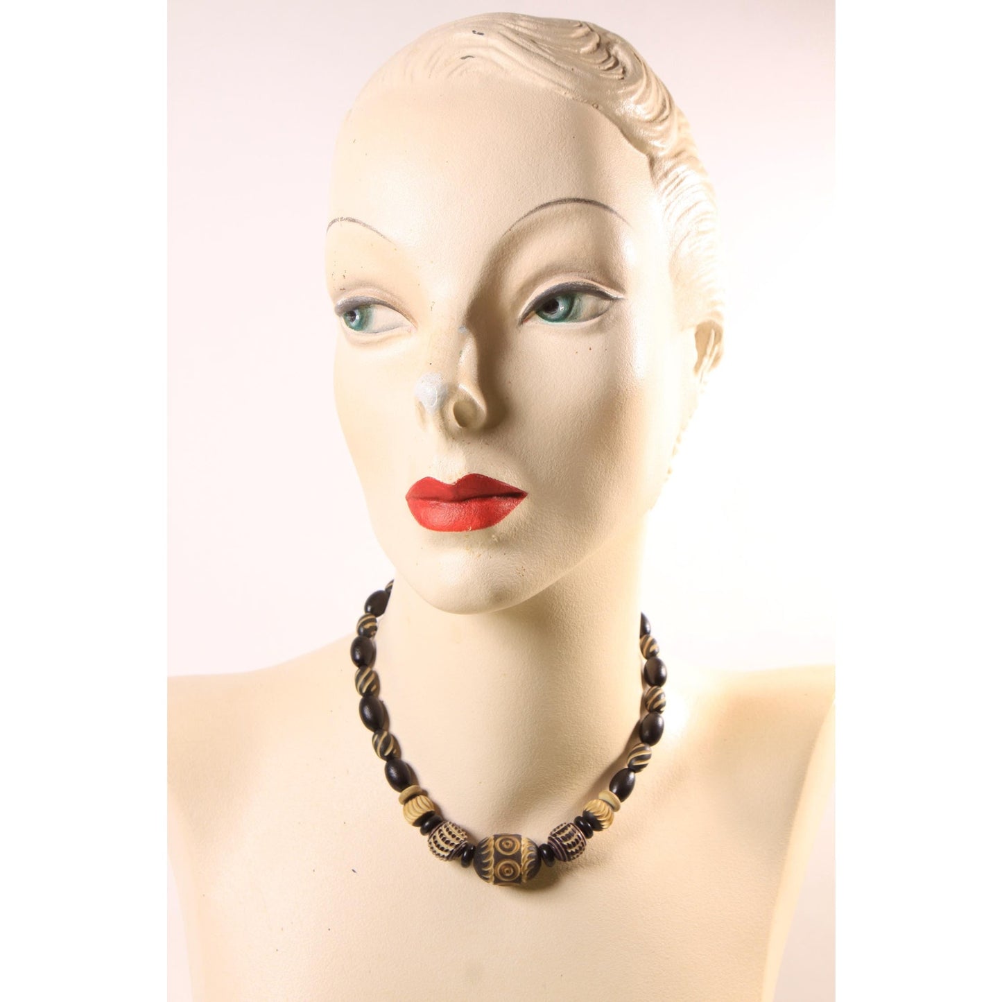 1920s 1930s Black and Cream Carved French Galalith Beaded Art Deco Necklace