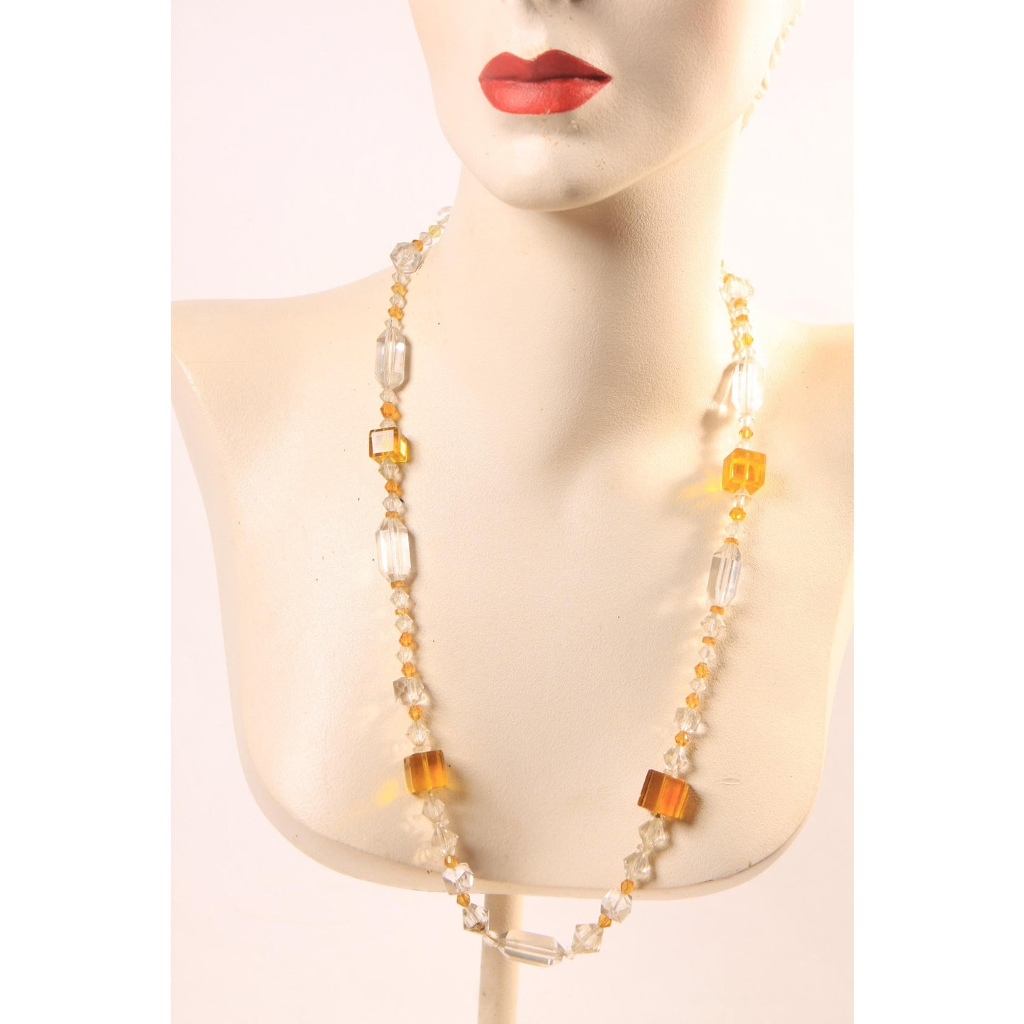 Vintage Clear Glass and Yellow Square and Faceted Beaded Necklace by Made in Czechoslovakia