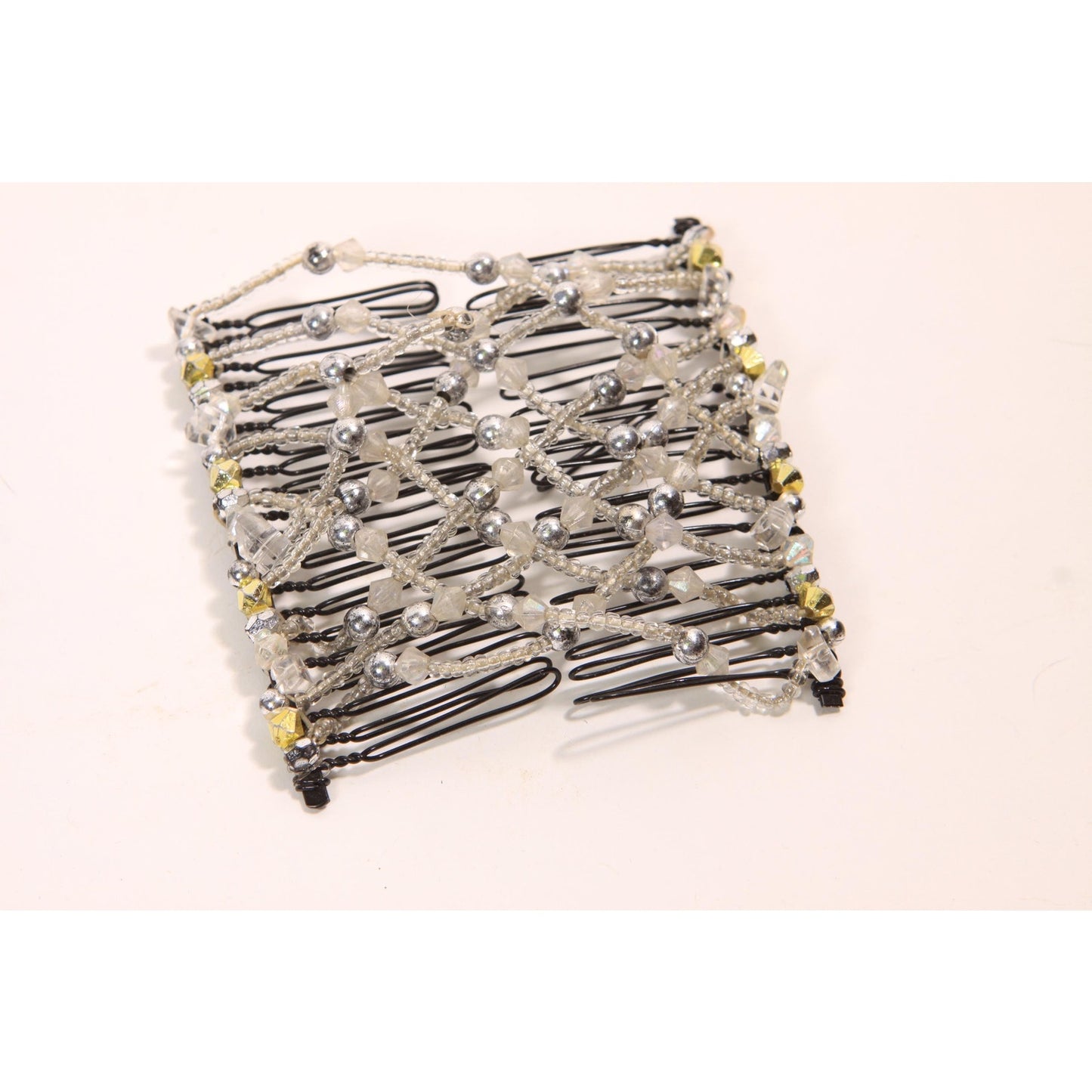 1990s 2000s Y2K Black, Silver and Gold Beaded EZ Stretch Hair Comb