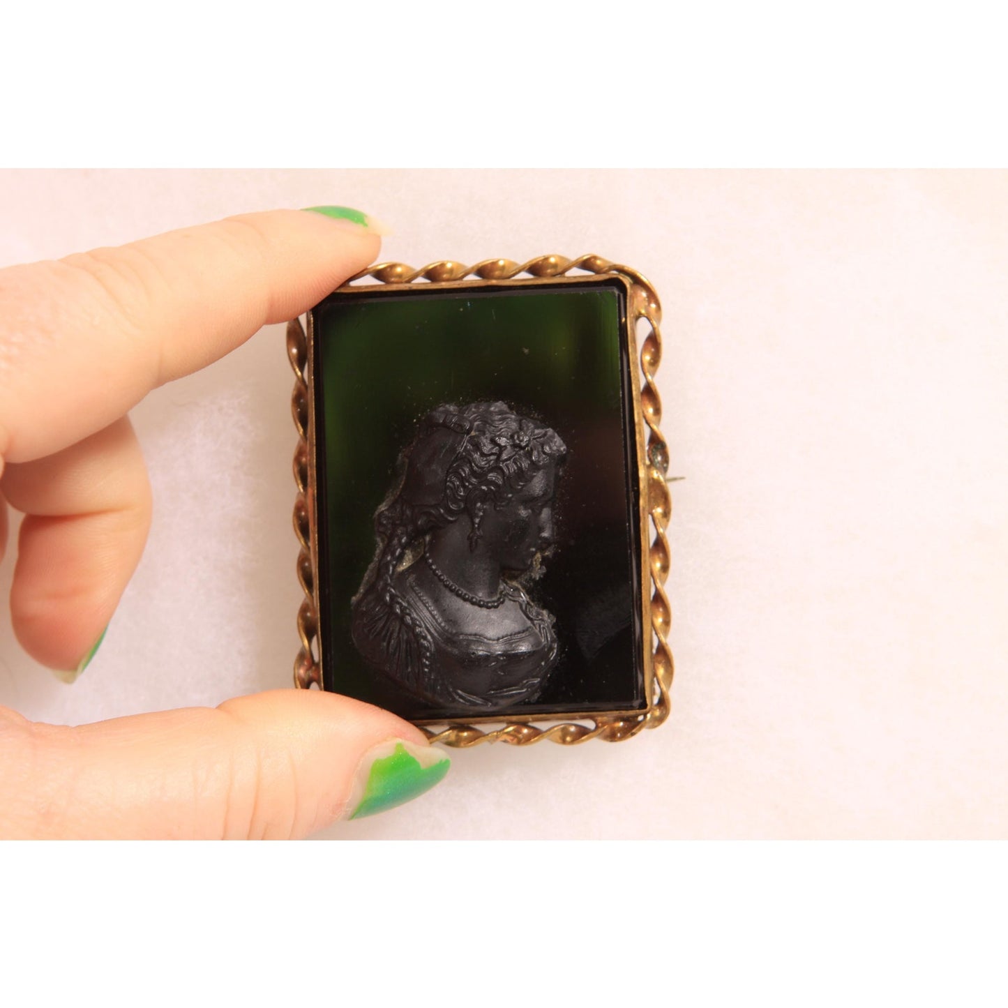 Antique Victorian 1800s Black Glass Cameo Square Gold Tone Metal Cameo Brooch