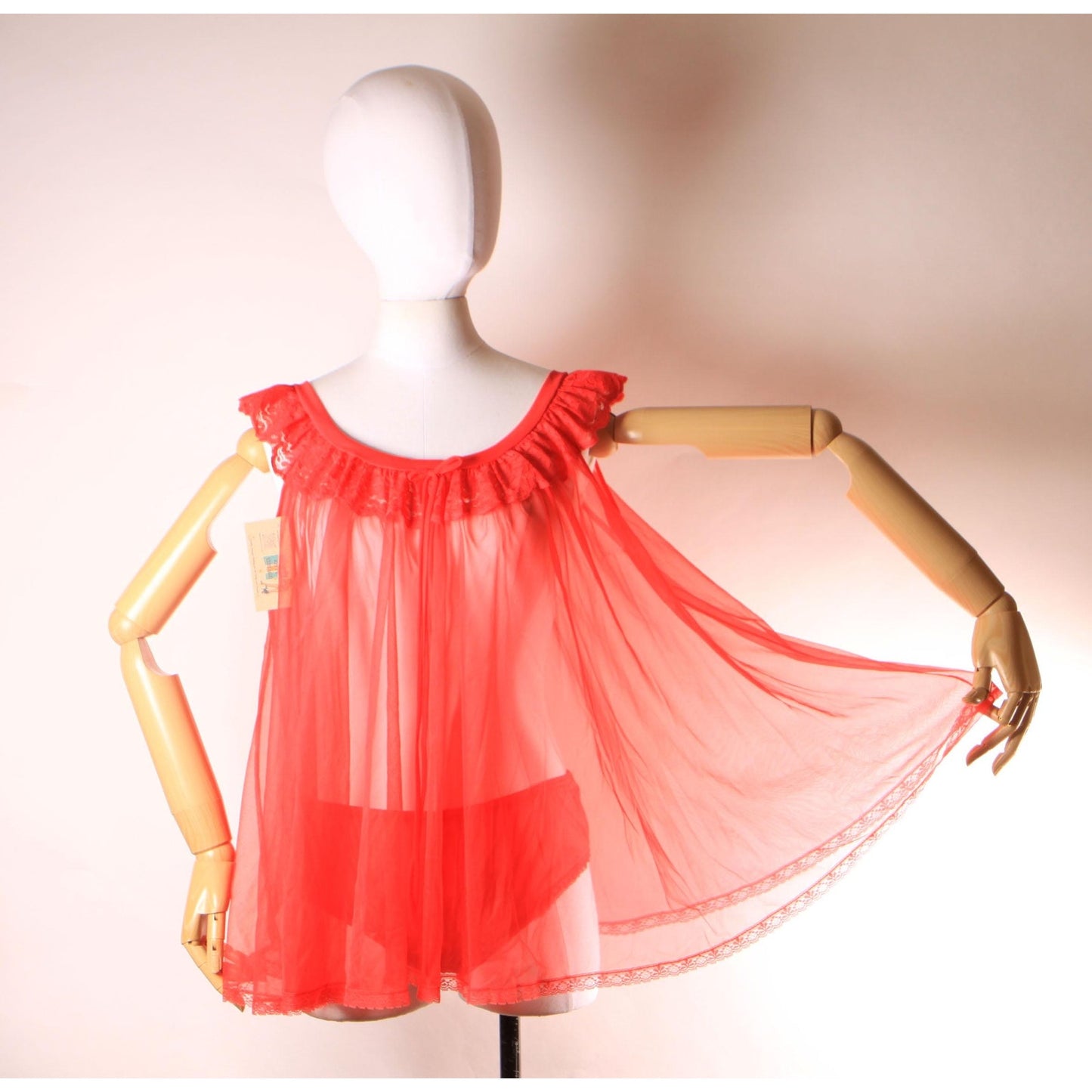Deadstock Late 1960s Early 1970s Red Sheer Lingerie Night Gown Top with Matching Underwear Panties by JCPenney -M