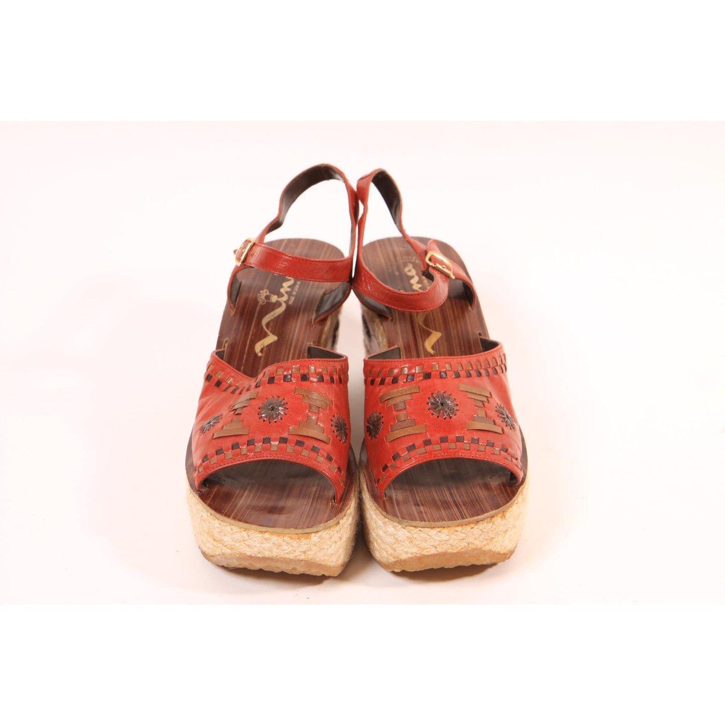 1970s Red and Brown Boho Platform High Heel Sandals Shoes by Nina-Size 7 1/2M