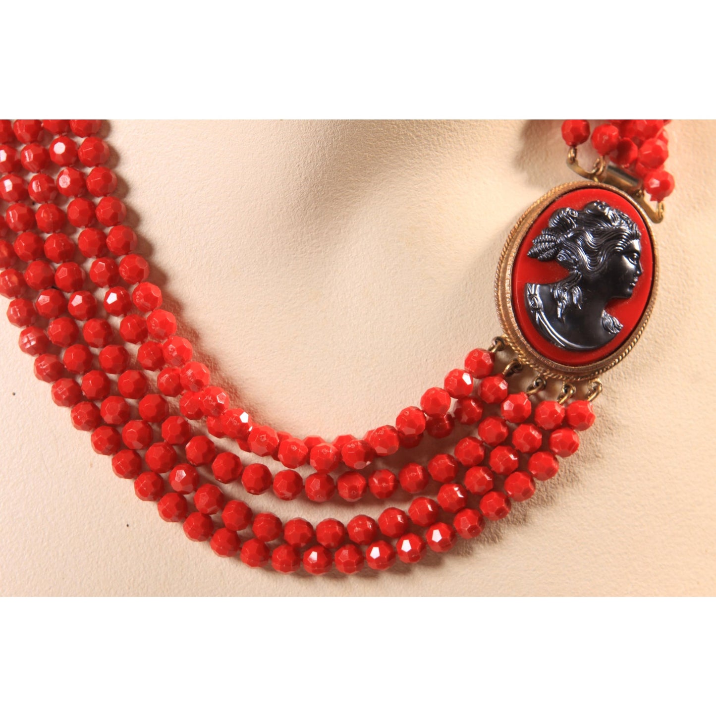 1950s 1960s Red Plastic Beaded Multi-Strand Red and Black Cameo Necklace