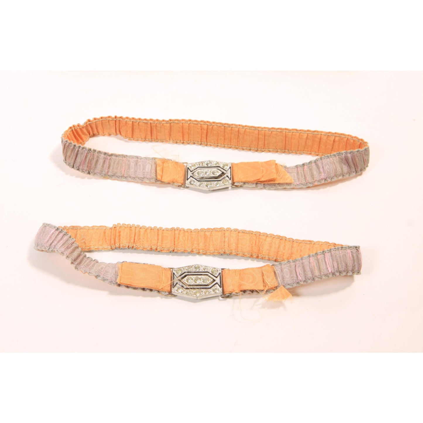 Deadstock Antique 1920s Cream, Blue and Pink Ruffle Set of 2 Garters with Pink and Blue Marcasite Garter Belt Straps and Lingerie Clasps