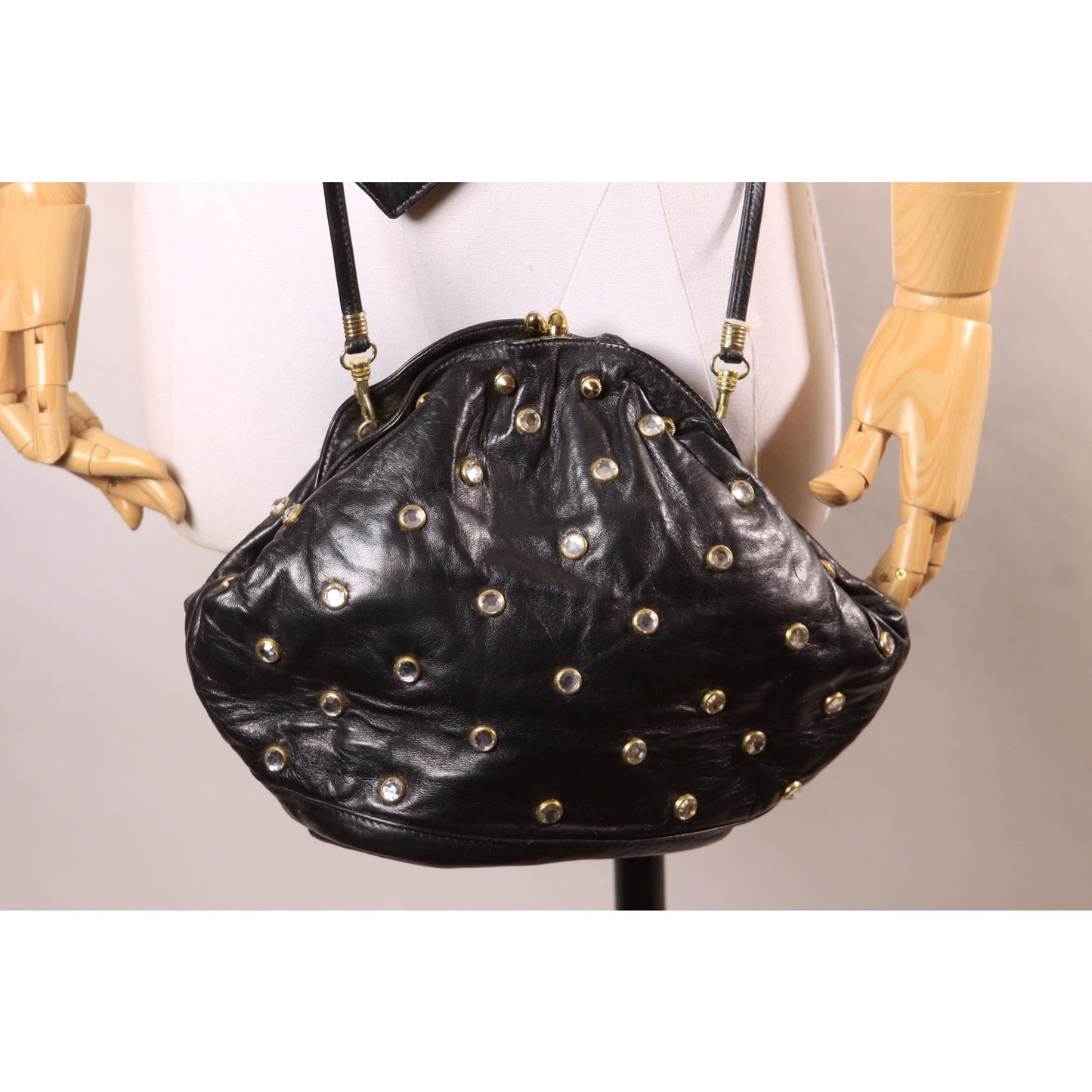 1980s Black Leather Gold Metal Rhinestone Bedazzled Shoulder Bag Purse with Matching Rhinestone Leather V Shaped Belt by Isabel