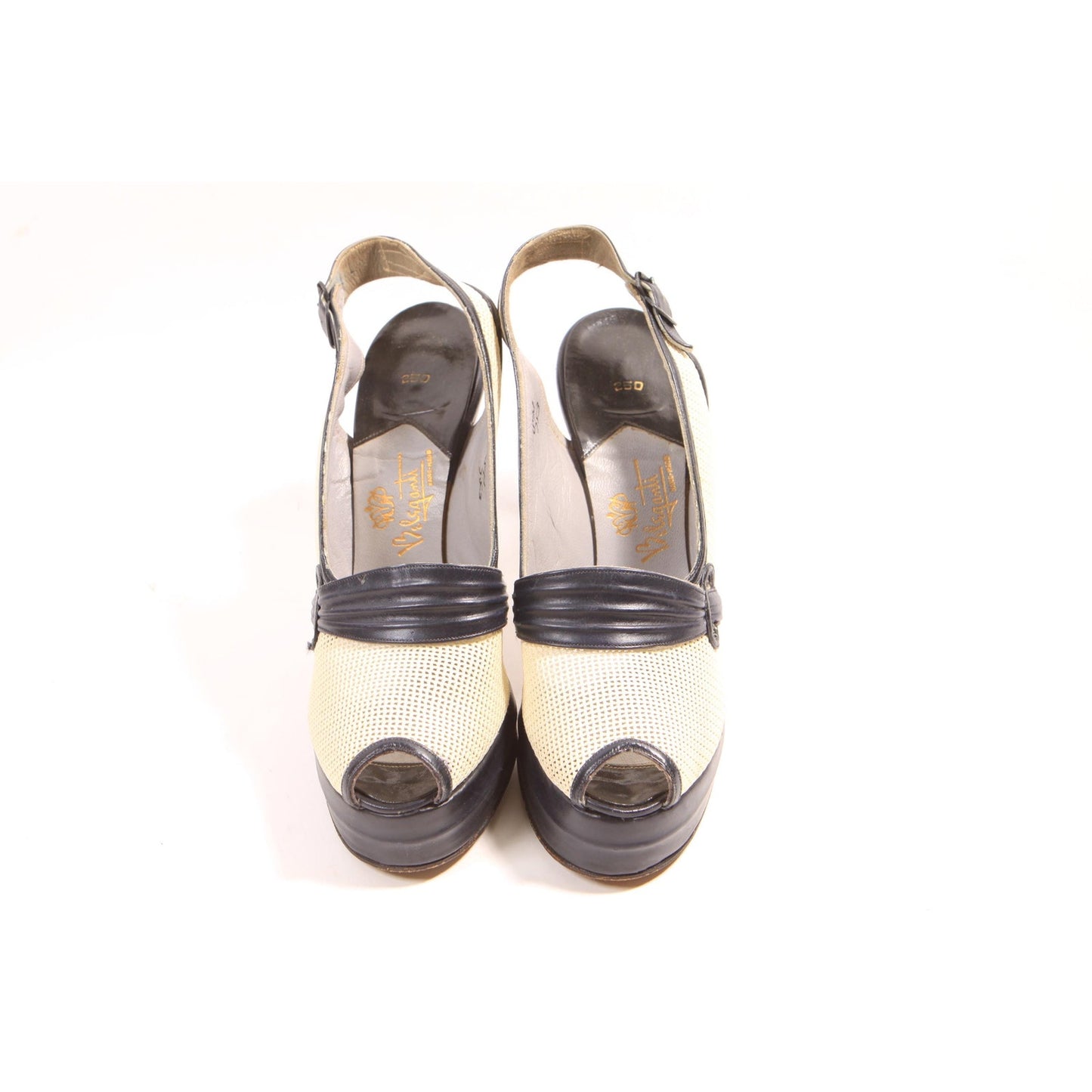 1940s Black and White Open Toe Buckle Detail Platform Pumps High Heels by Beleganti