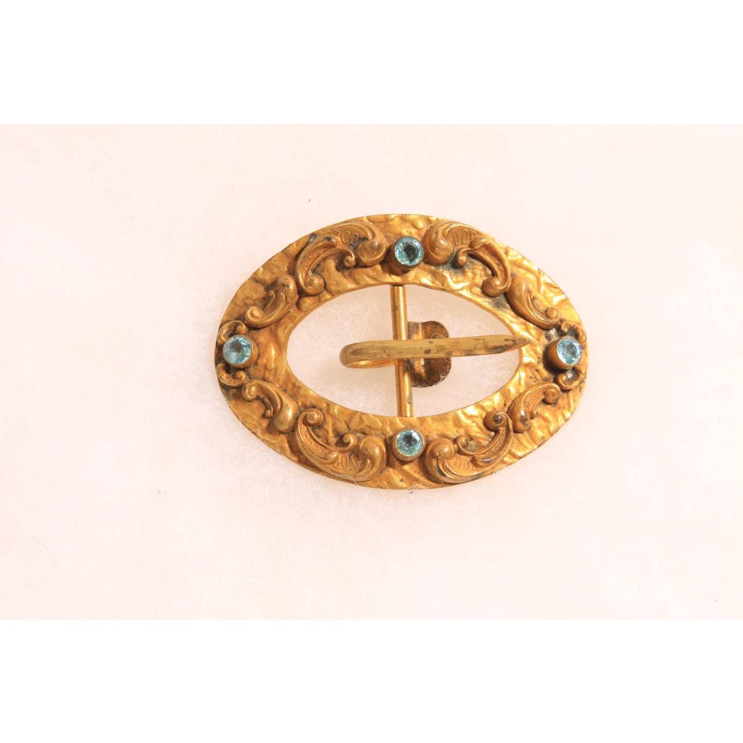 Antique 1900s Edwardian Gold Tone Metal and Blue Stone Art Nouveau Belt Buckle