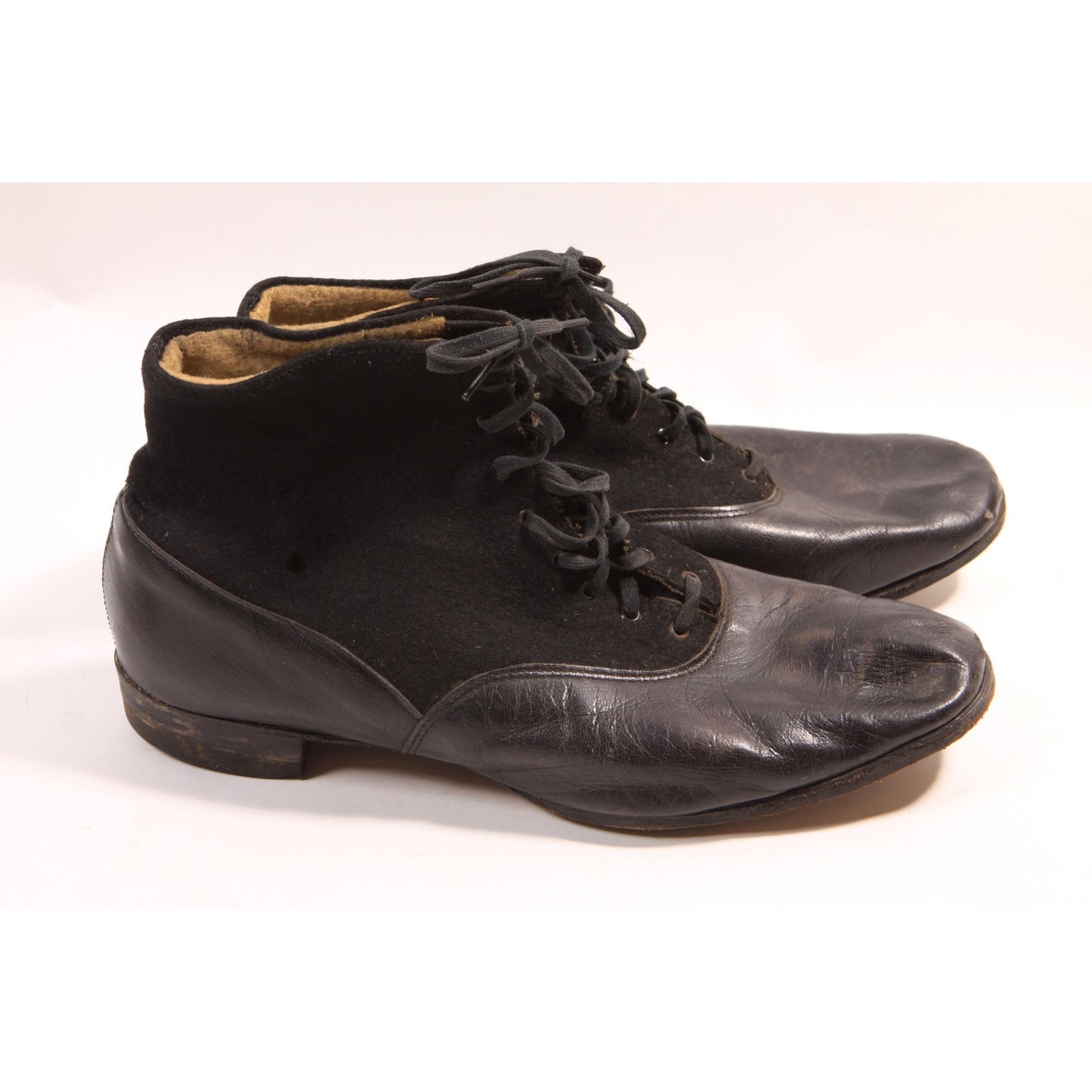 Antique 1800s Early 1900s Black Leather and Wool Felt Lace Up Boots