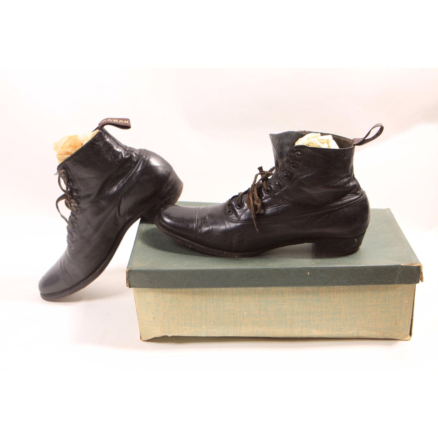 Antique 1900s 1910s Edwardian Black Leather Mens Lace Up Boots by Hanan & Son