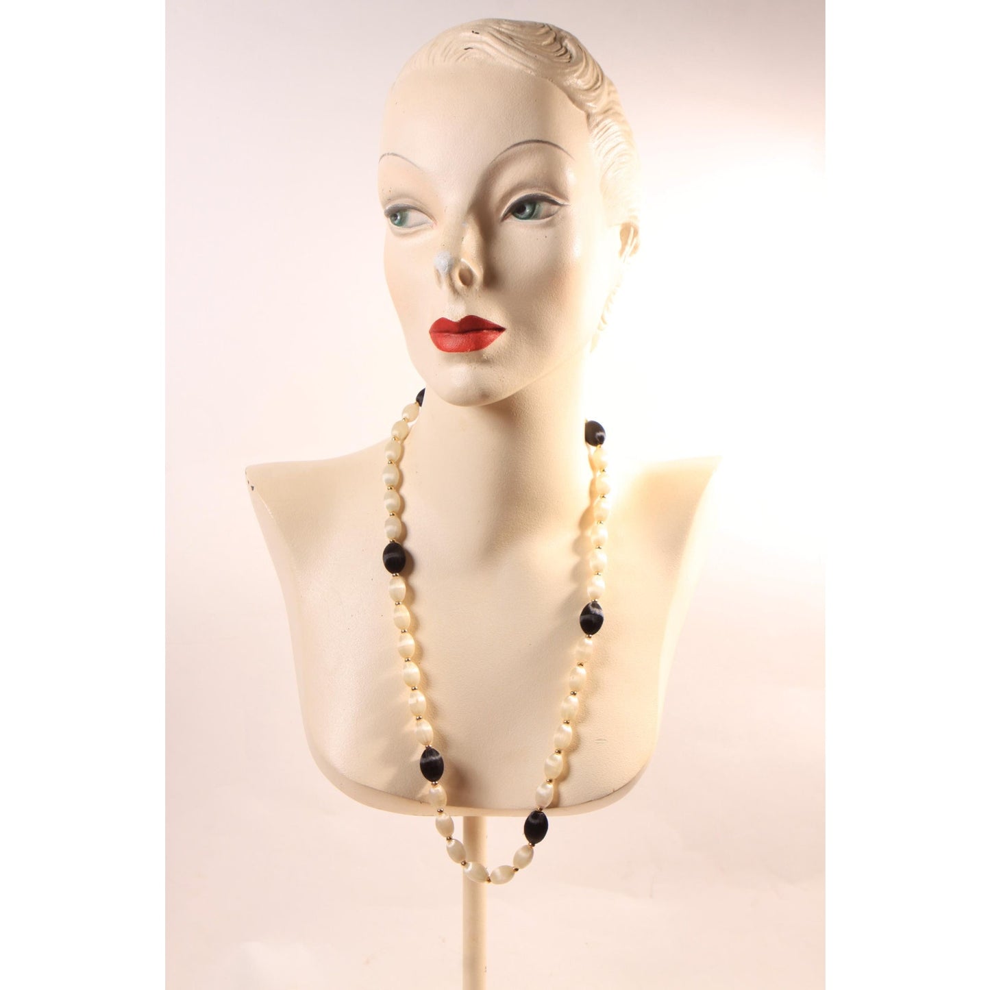 1960s White, Black and Gold Tone Metal Satin Circle Beaded Necklace