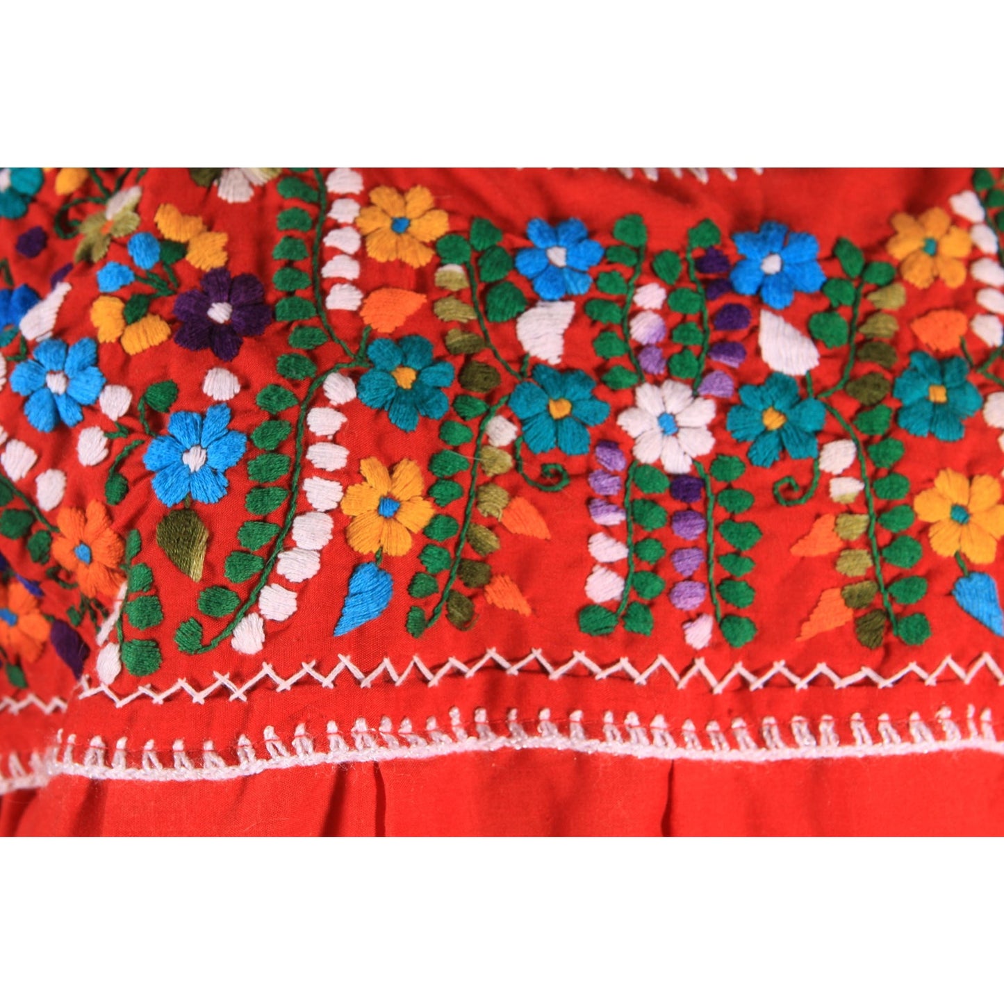 1970s Red Short Sleeve Multi-Colored Floral Embroidery Pueblan Mexican Blouse -1XL
