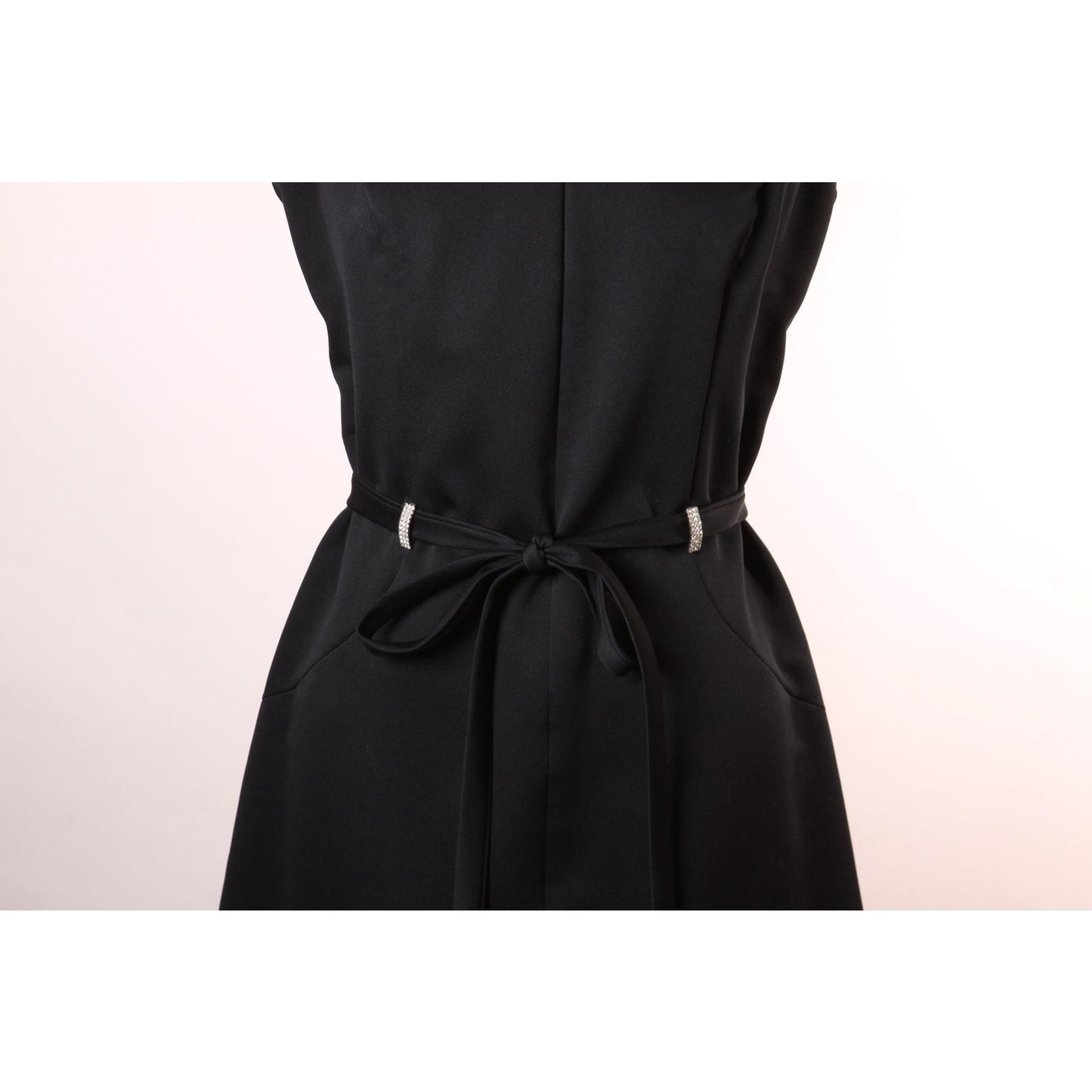 1960s Black Sleeveless V Neck Ruffle Scalloped Hem Rhinestone Detail Belted Formal Cocktail Dress -M