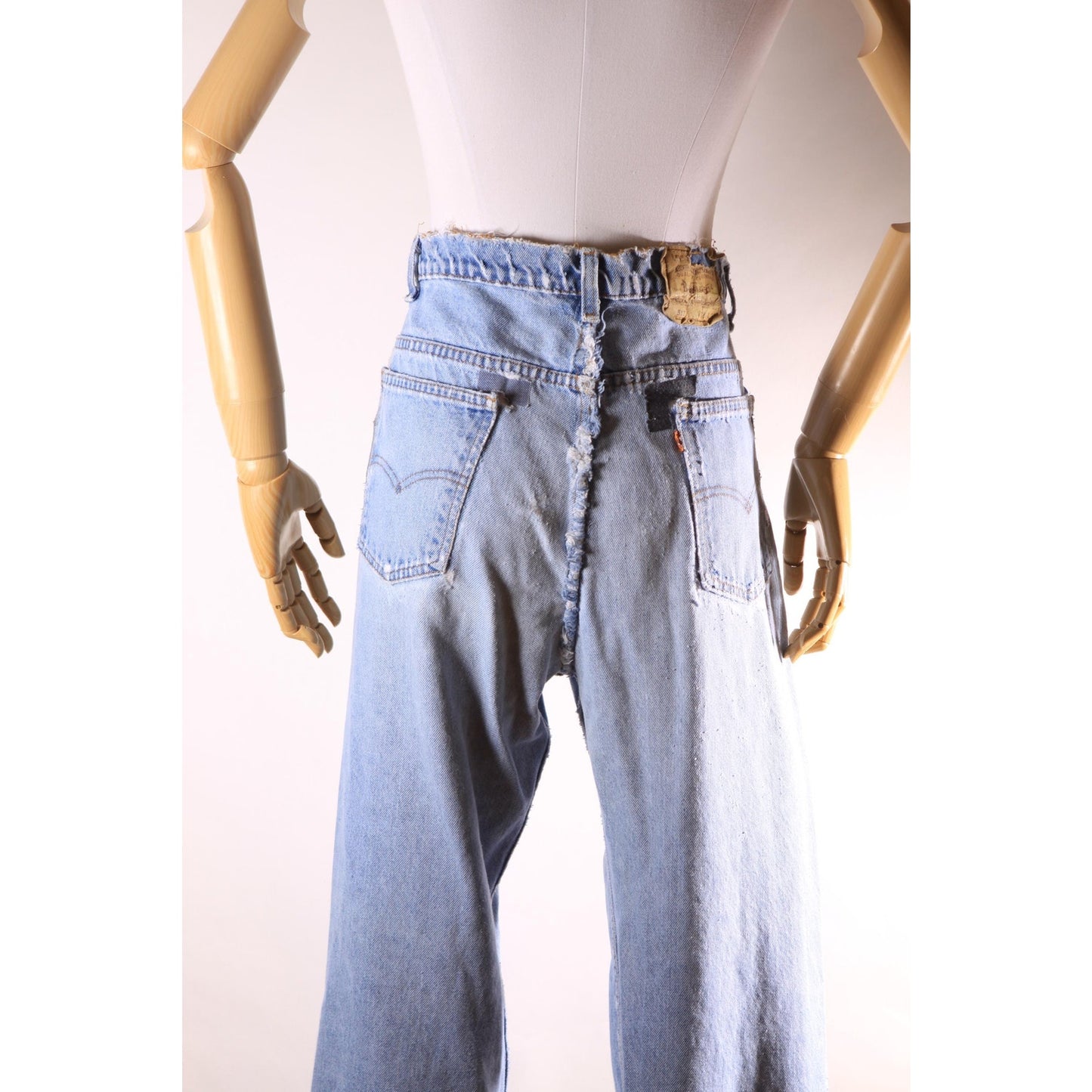 1980s Distressed Patch Fraying Blue Denim Orange Tab 517 Jeans by Levi's -38x30