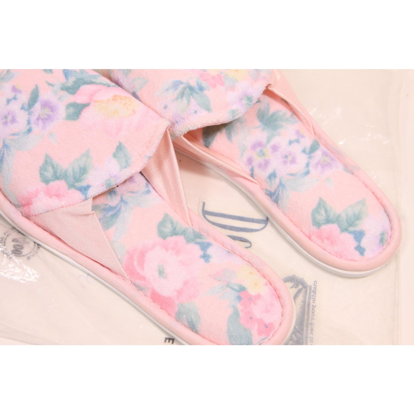 Deadstock 1950s 1960s Pink and Blue Floral Slippers by Dearfoams-Size 6 1/2-7 1/2