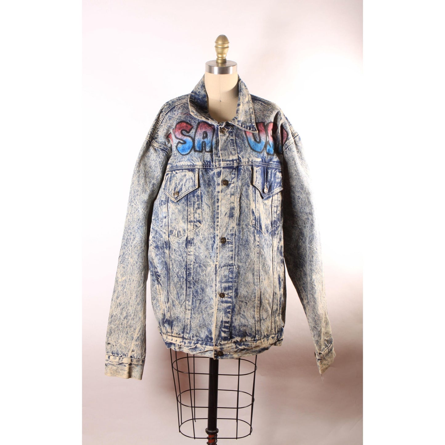 1980s Blue Denim Acid Wash Oversized Airbrush America Bald Eagle USA American Flag Jacket Coat by First Concept -L