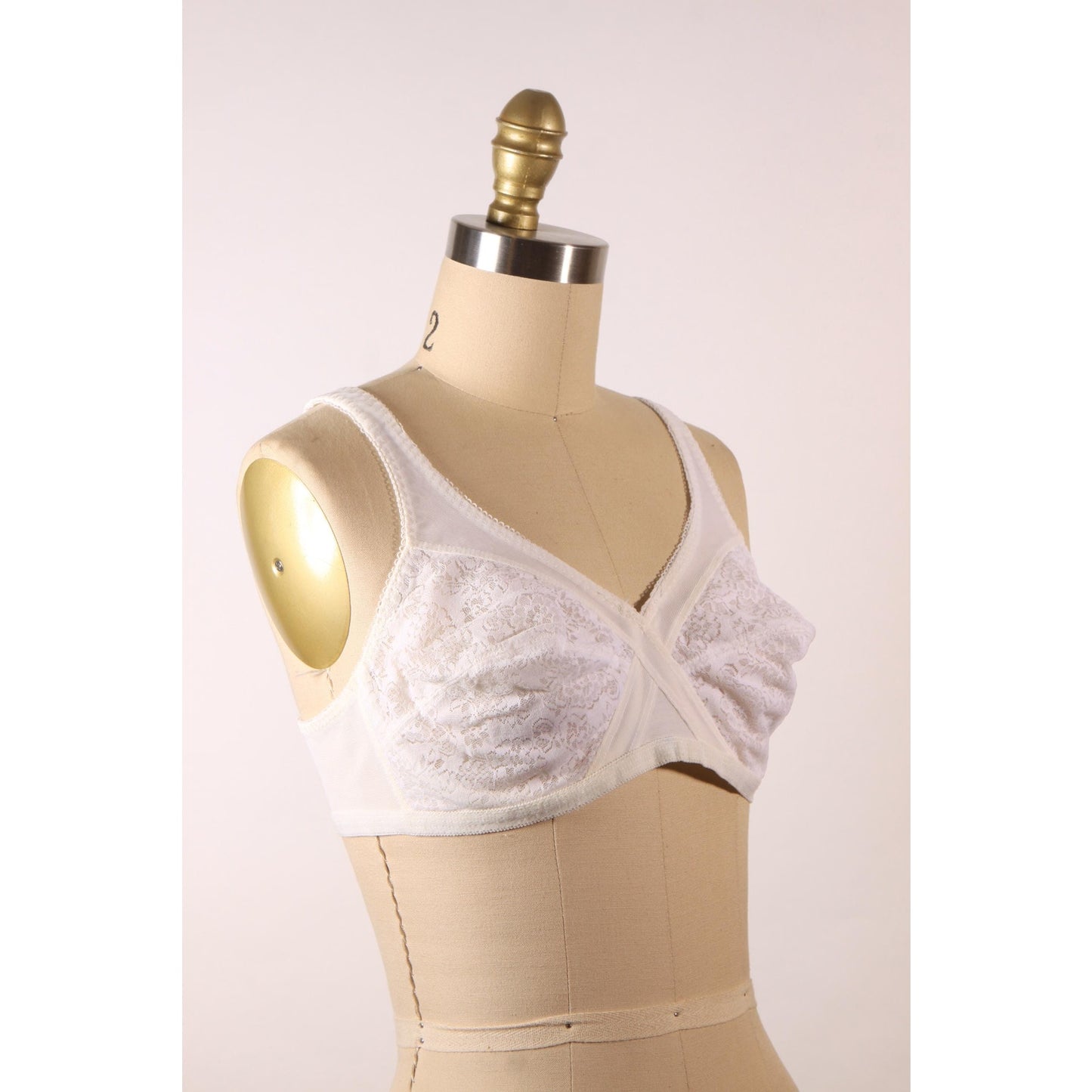 1970s White Criss Cross Sheer Floral Lace Bra by Montgomery Ward-38B