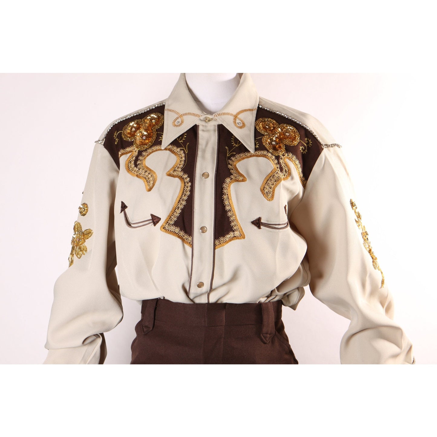 Late 1960s Early 1970s Brown and Tan Gold Metallic Rhinestone and Sequin Roses Western Pearl Snap Top with Matching Pants by H Bar C