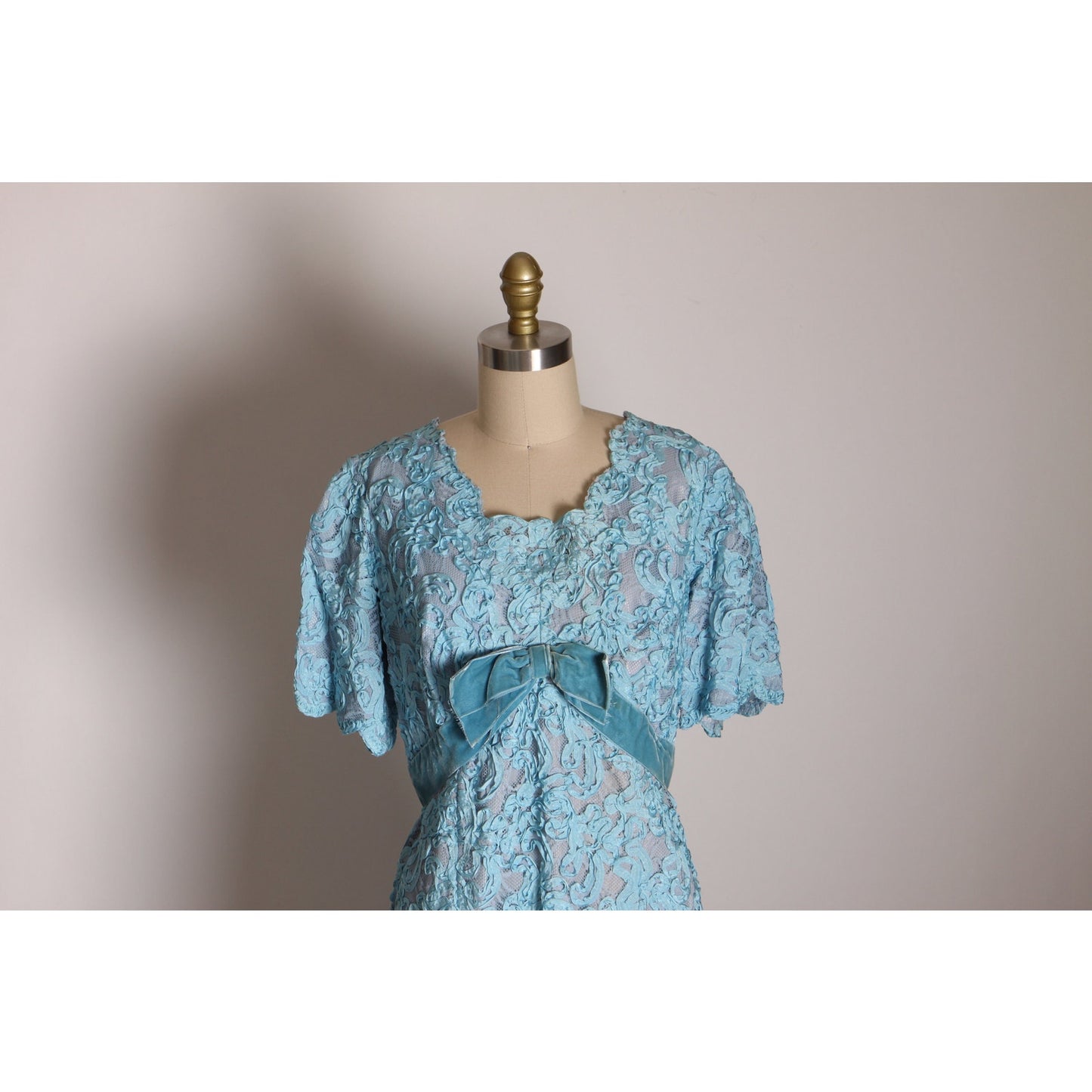 Early 1960s Blue Soutache Lace Short Sleeve Formal Blue Velvet Bow Dress with Matching 3/4 Length Sleeve Jacket -XL