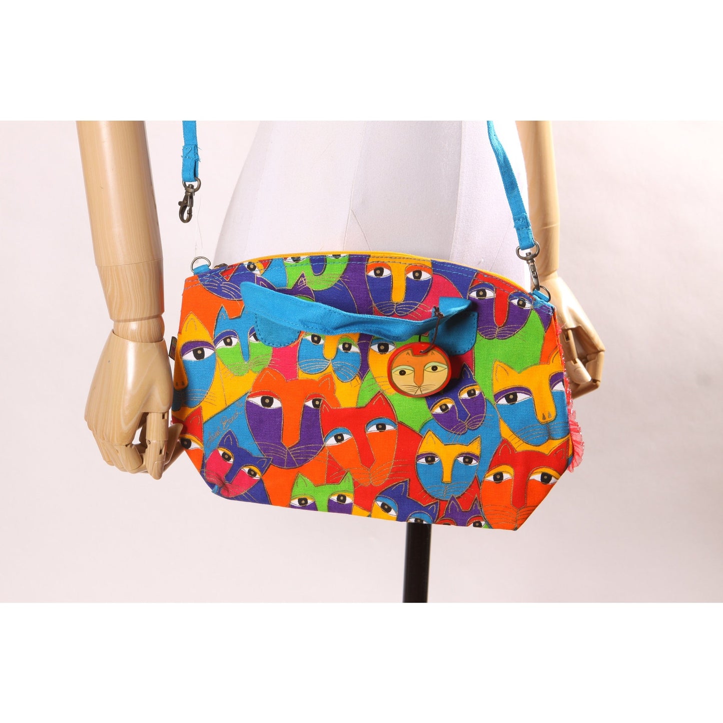 Deadstock 1980s Novelty Rainbow Multi-Colored Cat Print Top Handle Crossbody Shoulder Strap Purse by Laurel Burch