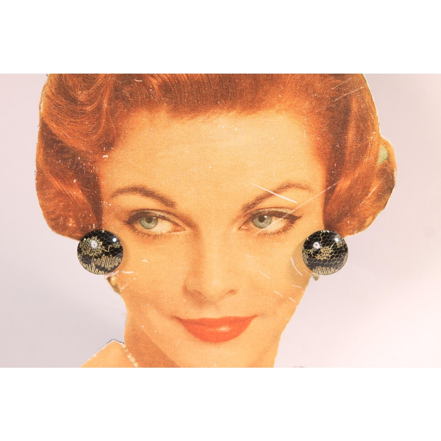 1950s 1960s Black and Gold Lace Lucite Plastic Clip On Earrings