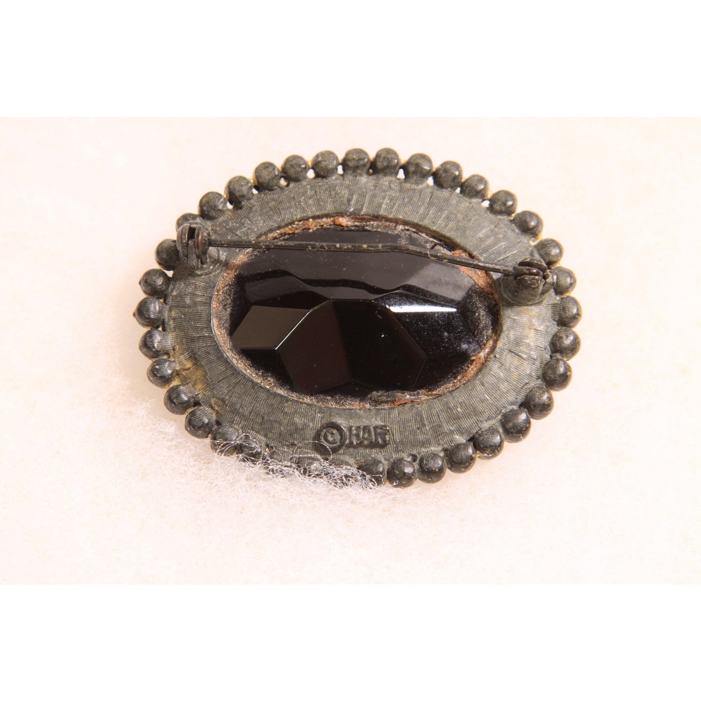 1960s Black Glass Faceted Cabochan Oval Brooch by HAR