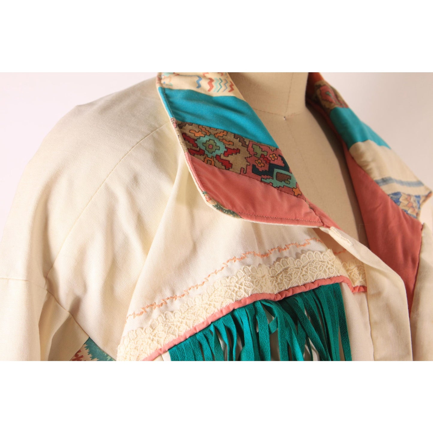 1980s Multi-Colored Cream, Teal Blue Green, Pink and Tan Patchwork Quilt Fringe Open Front Southwestern Coat -L-XL
