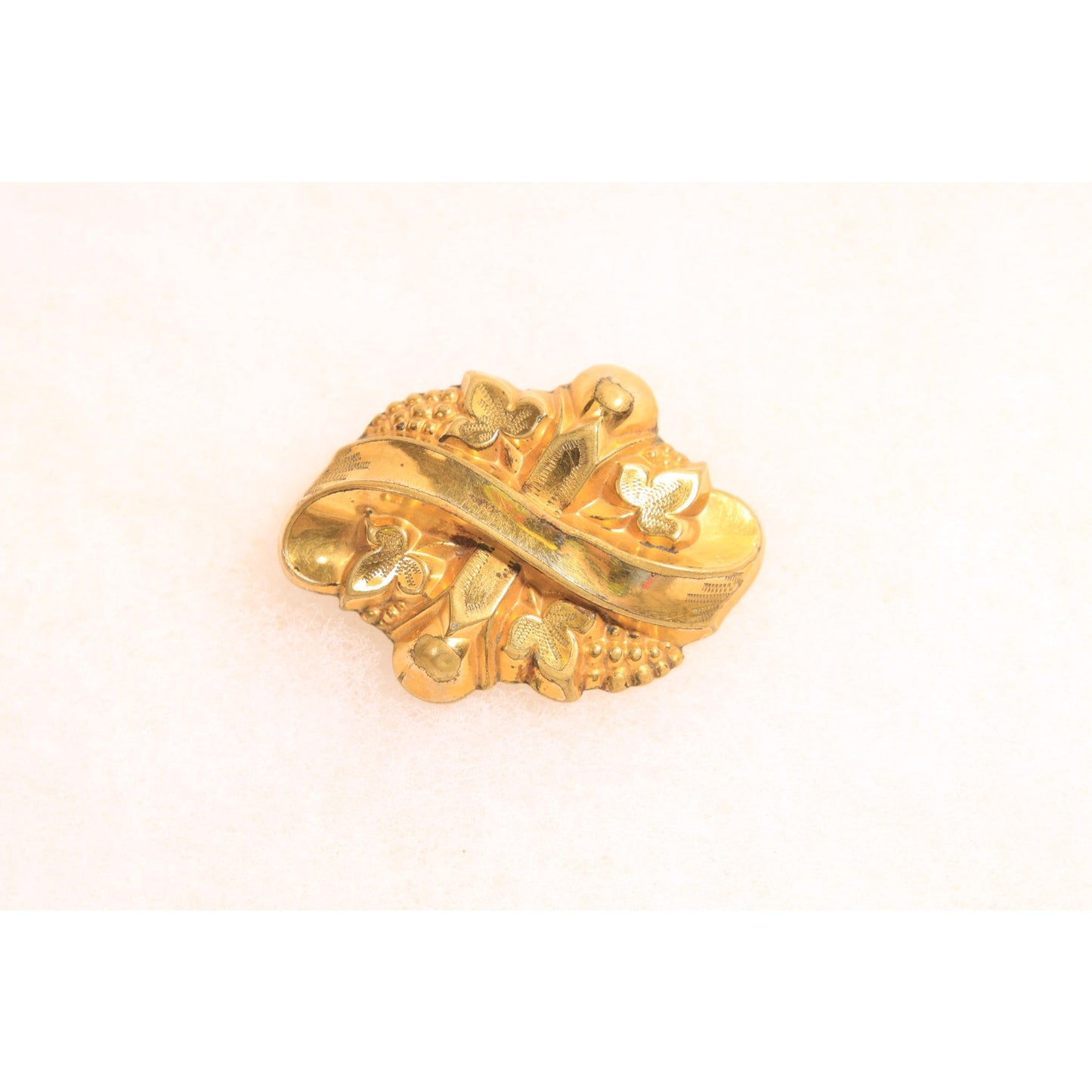Antique Victorian 1800s Gold Tone Metal Ribbon and Floral Brooch