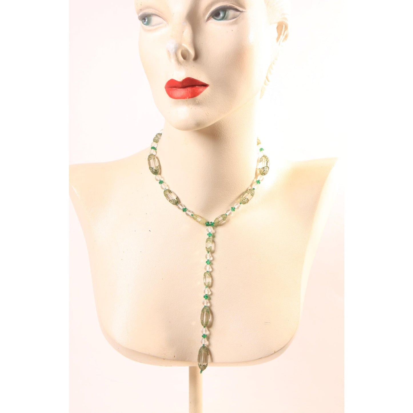 1930s Clear Glass and Green Floral Etched Art Deco Drop Chain Necklace
