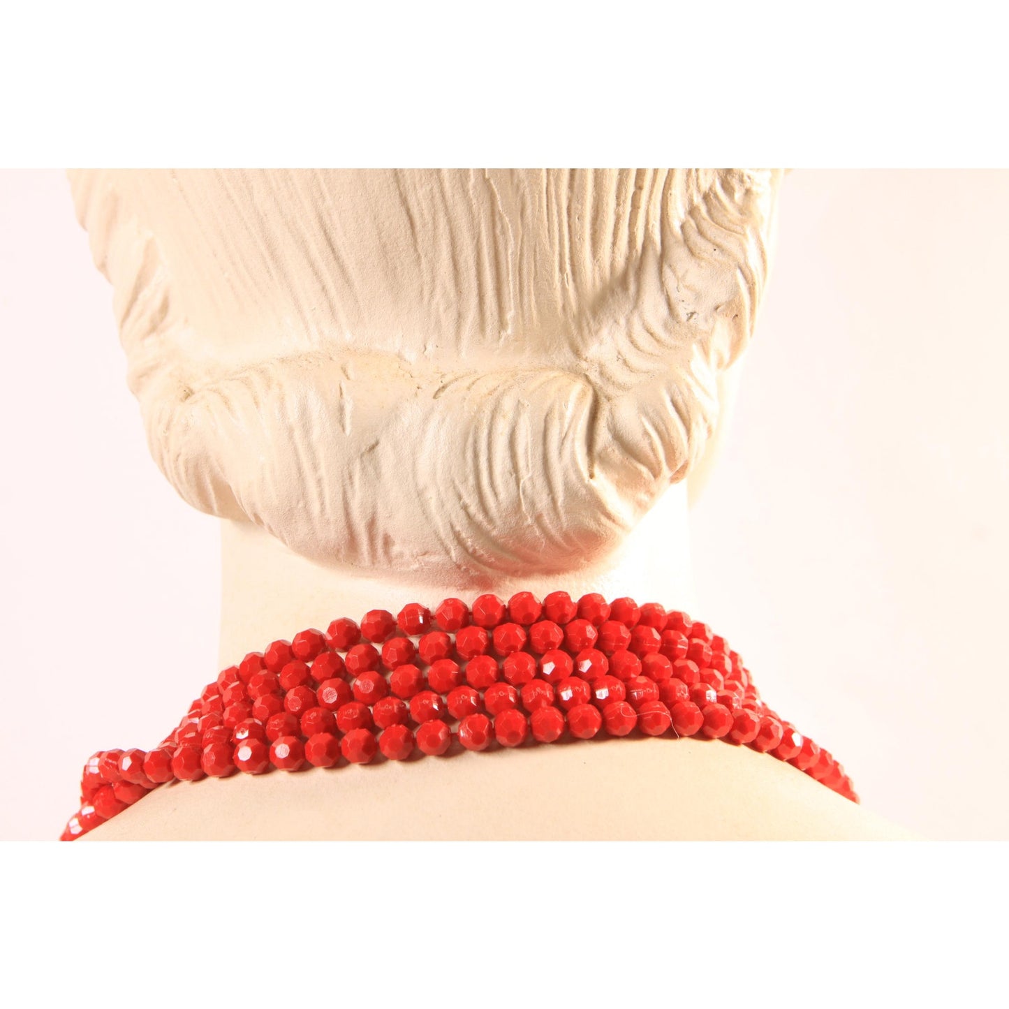 1950s 1960s Red Plastic Beaded Multi-Strand Red and Black Cameo Necklace