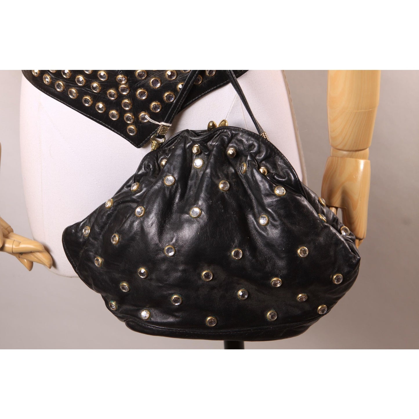 1980s Black Leather Gold Metal Rhinestone Bedazzled Shoulder Bag Purse with Matching Rhinestone Leather V Shaped Belt by Isabel