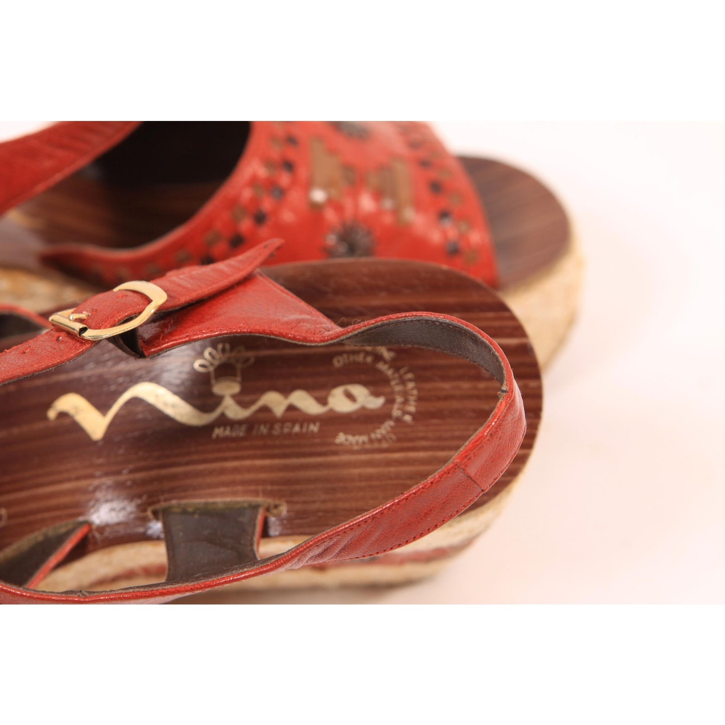 1970s Red and Brown Boho Platform High Heel Sandals Shoes by Nina-Size 7 1/2M
