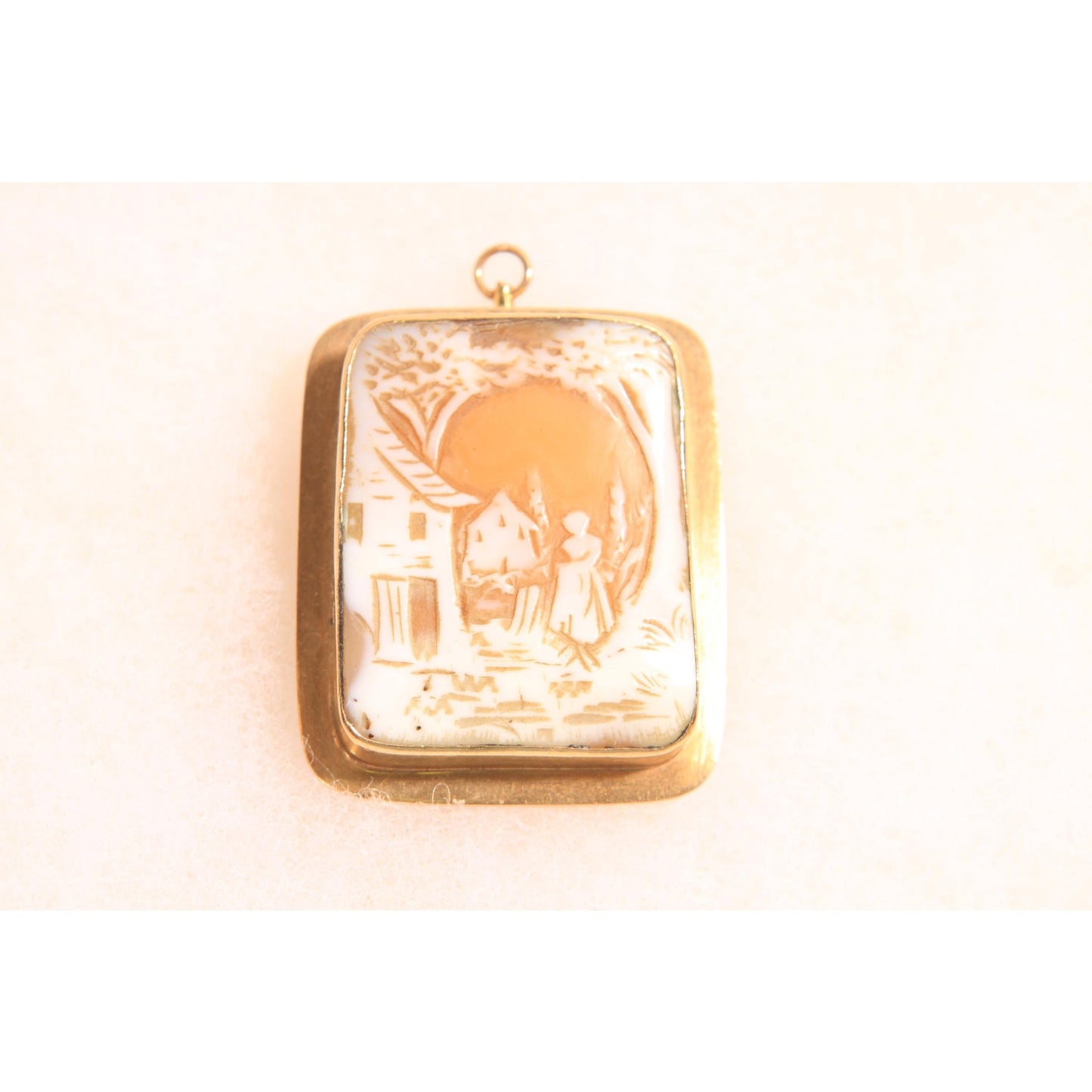 Antique 1900s 1910s 1920s Peach Pink, Cream and Gold Tone Metal Carved Shell Brooch Pendant