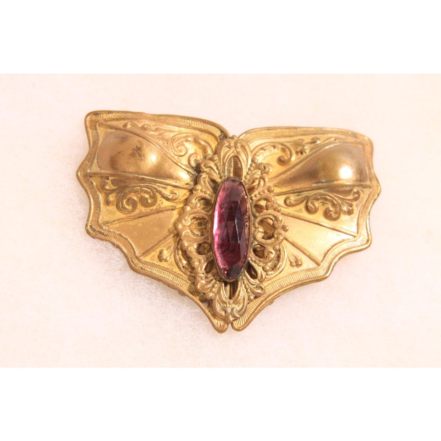 1930s Art Nouveau Gold Tone Metal Purple Stone Gothic Bat Wing Belt Buckle